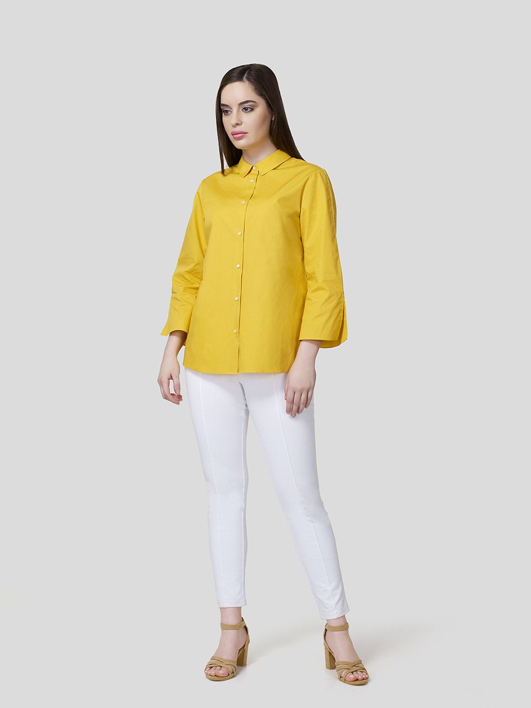 Flared Sleeve Shirt With Contrast Button Detailing - Zest Mélange  Flared Sleeve Shirt With Contrast Button Detailing - Zest Mélange