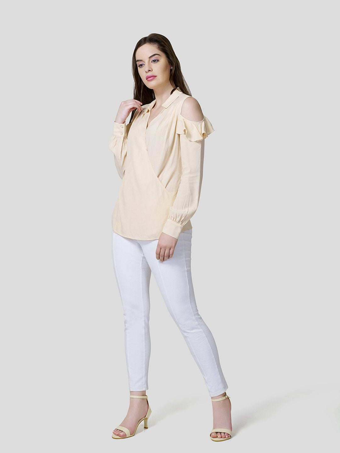 Draped Warp-Around Front Shirt With Cold Shoulder - Zest Mélange  Draped Warp-Around Front Shirt With Cold Shoulder - Zest Mélange