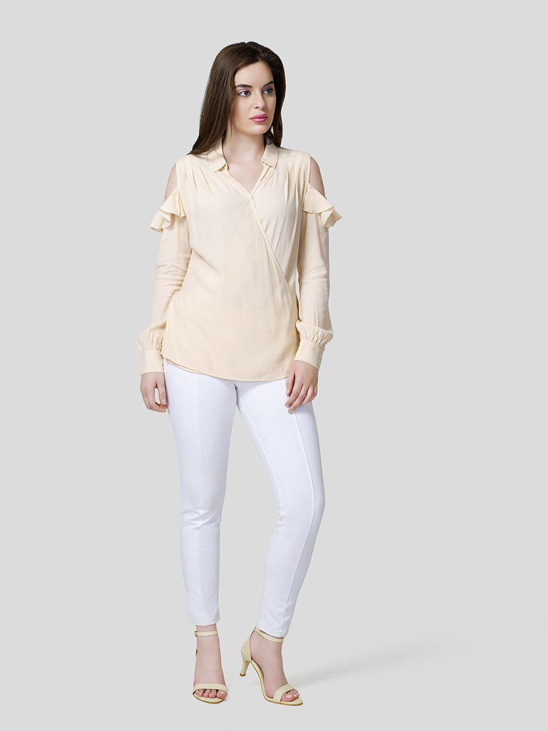 Draped Warp-Around Front Shirt With Cold Shoulder - Zest Mélange  Draped Warp-Around Front Shirt With Cold Shoulder - Zest Mélange