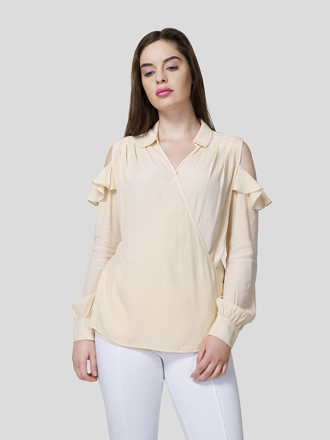 Draped Warp-Around Front Shirt With Cold Shoulder - Zest Mélange  Draped Warp-Around Front Shirt With Cold Shoulder - Zest Mélange