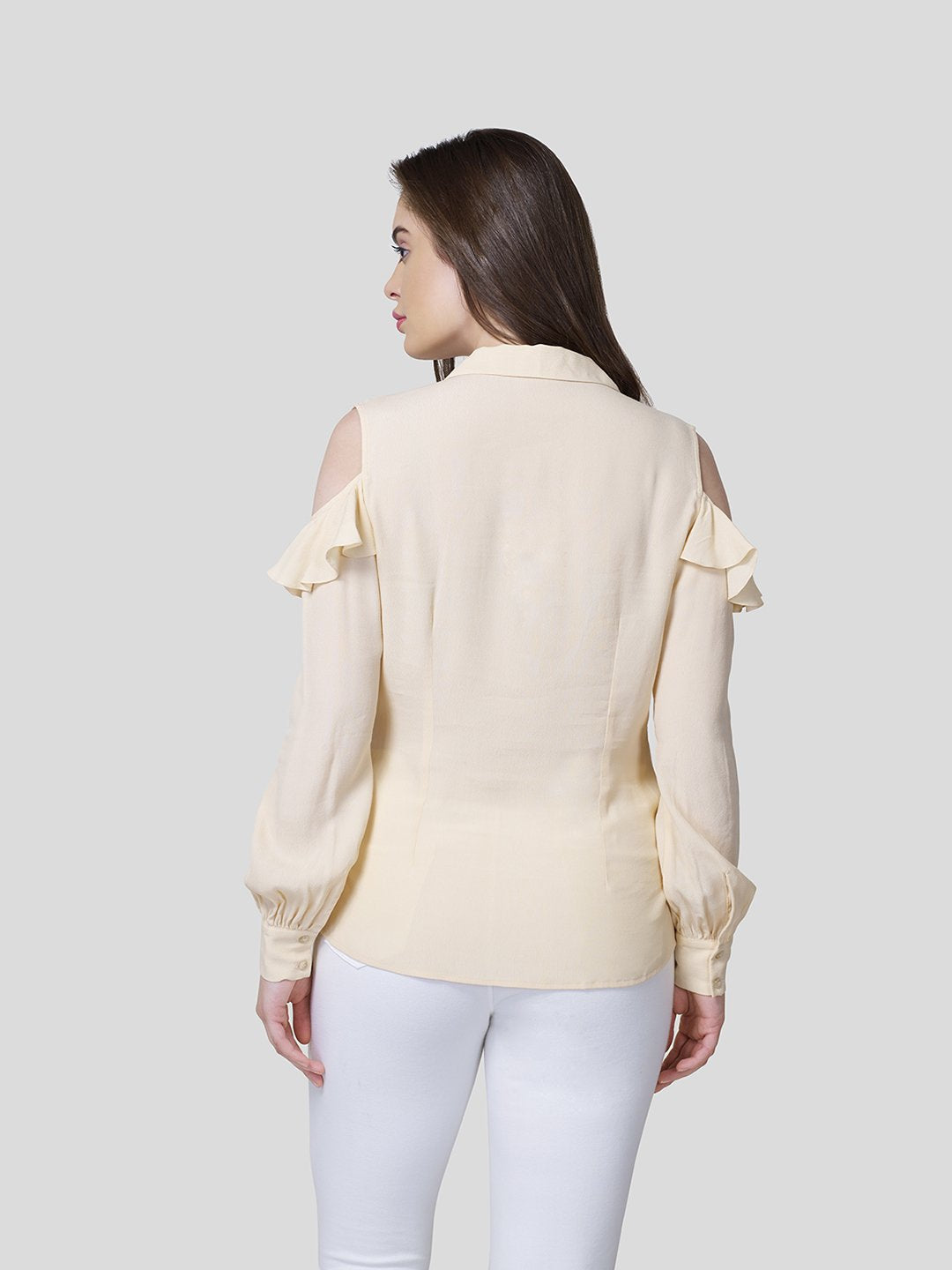 Draped Warp-Around Front Shirt With Cold Shoulder - Zest Mélange  Draped Warp-Around Front Shirt With Cold Shoulder - Zest Mélange