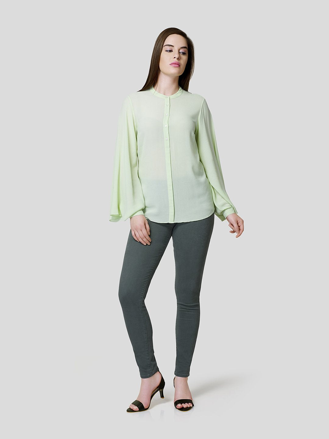 Stand Collar Shirt With  Flared Sleeve - Zest Mélange  Stand Collar Shirt With  Flared Sleeve - Zest Mélange