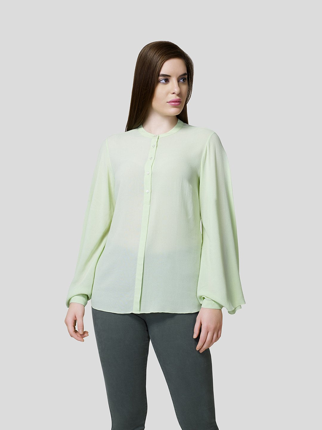Stand Collar Shirt With  Flared Sleeve - Zest Mélange  Stand Collar Shirt With  Flared Sleeve - Zest Mélange
