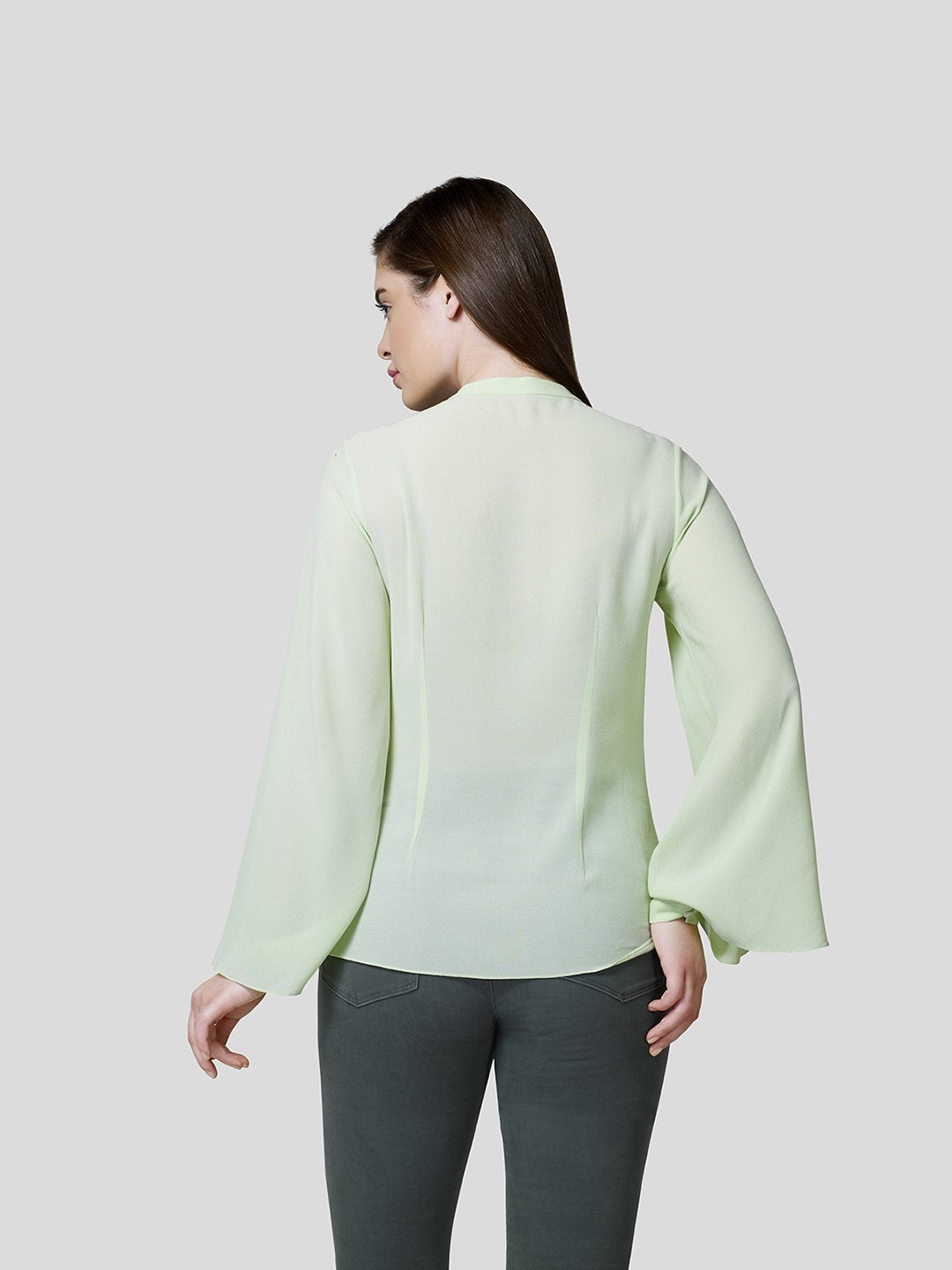 Stand Collar Shirt With  Flared Sleeve - Zest Mélange  Stand Collar Shirt With  Flared Sleeve - Zest Mélange
