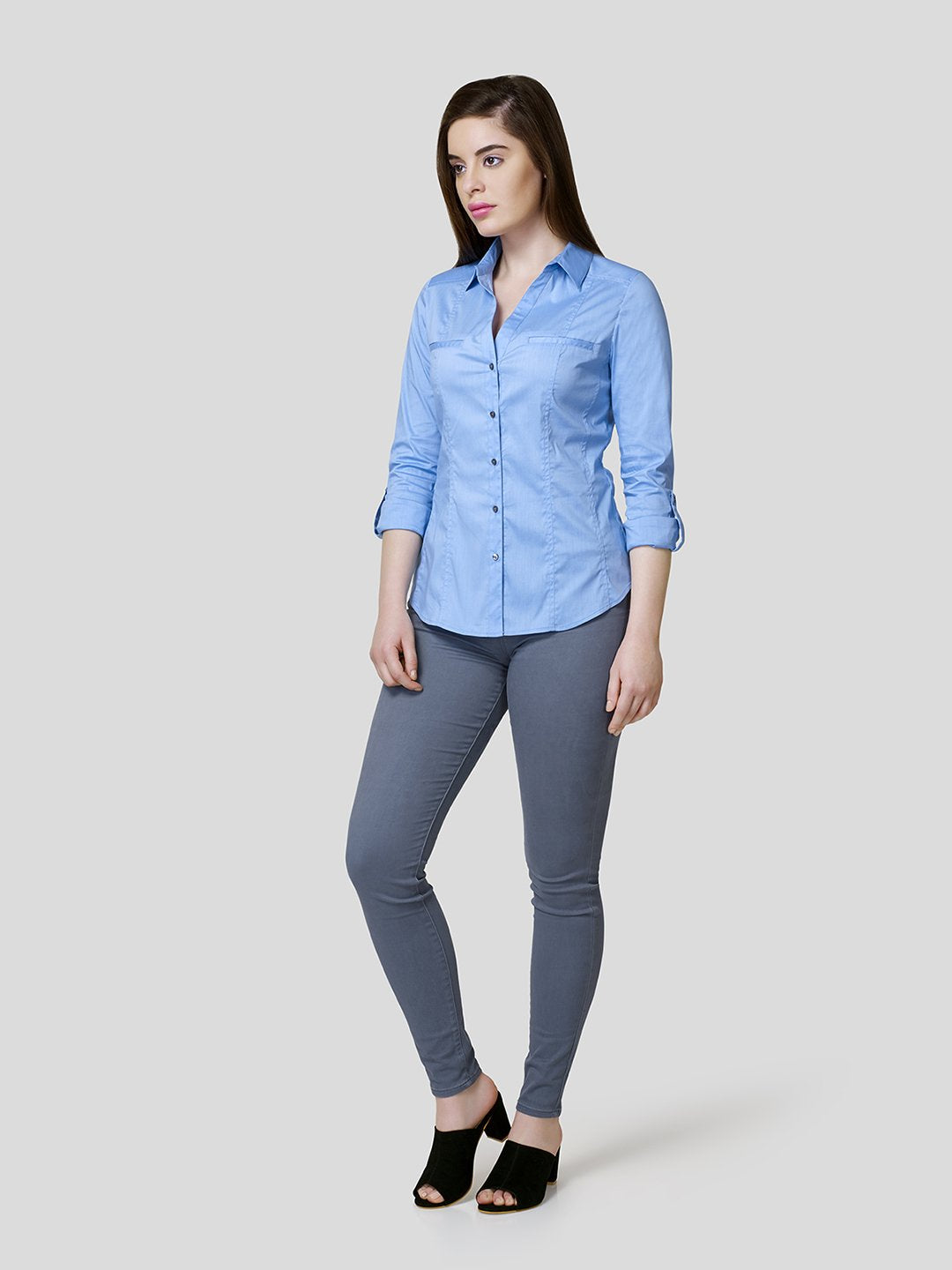 Cut & Sew Detailed Fitted Shirt With Mock Pocket Detail - Zest Mélange  Cut & Sew Detailed Fitted Shirt With Mock Pocket Detail - Zest Mélange