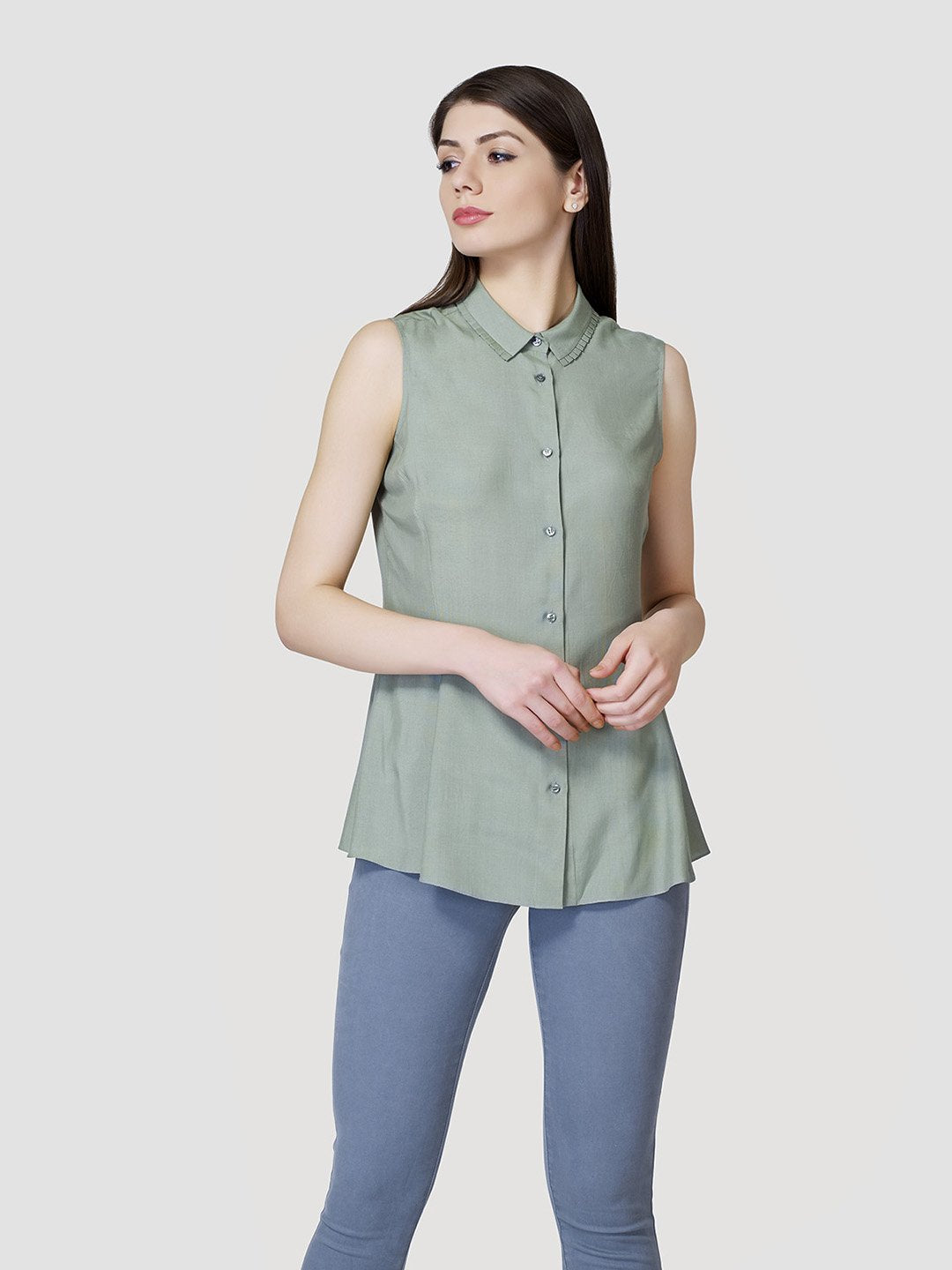 Pleated Frill Collar A Line Shirt - Zest Mélange  Pleated Frill Collar A Line Shirt - Zest Mélange