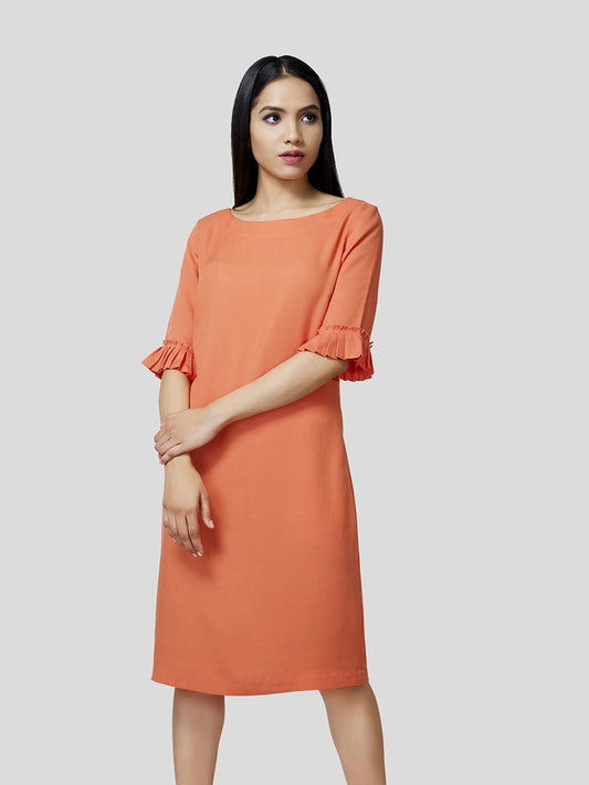 Boat Neck Shift Dress With Pleated Cuff Detail - Zest Mélange