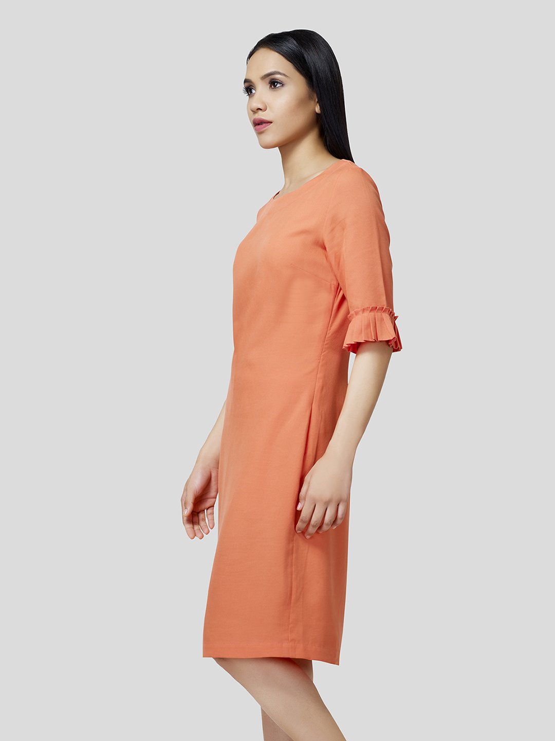 Boat Neck Shift Dress With Pleated Cuff Detail - Zest Mélange  Boat Neck Shift Dress With Pleated Cuff Detail - Zest Mélange