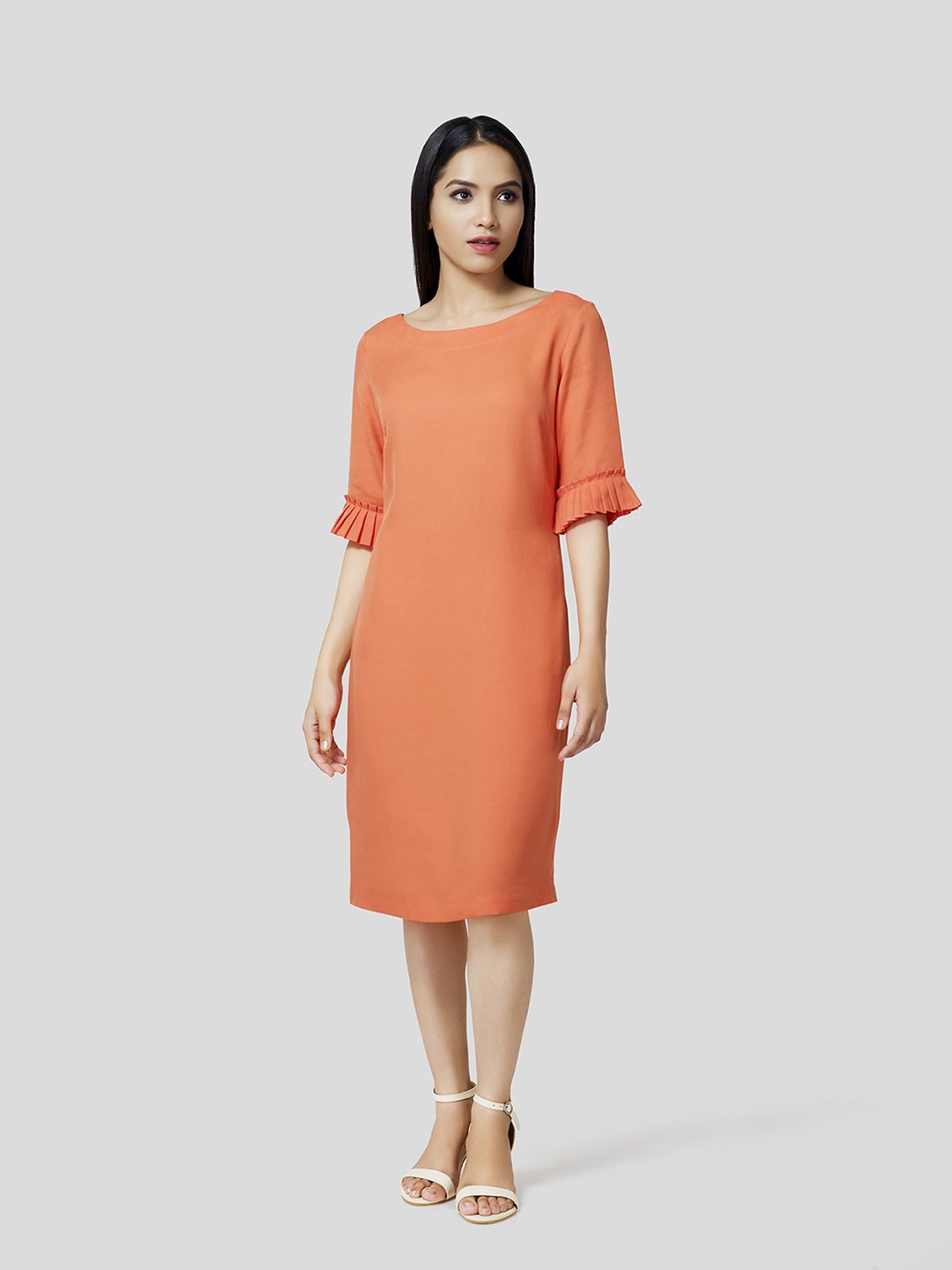 Boat Neck Shift Dress With Pleated Cuff Detail - Zest Mélange  Boat Neck Shift Dress With Pleated Cuff Detail - Zest Mélange