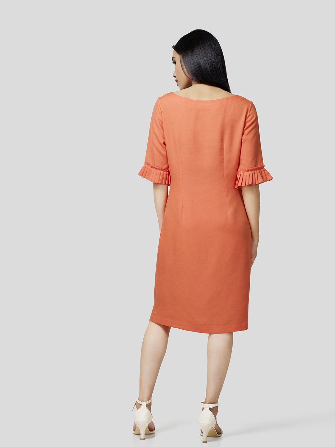 Boat Neck Shift Dress With Pleated Cuff Detail - Zest Mélange  Boat Neck Shift Dress With Pleated Cuff Detail - Zest Mélange