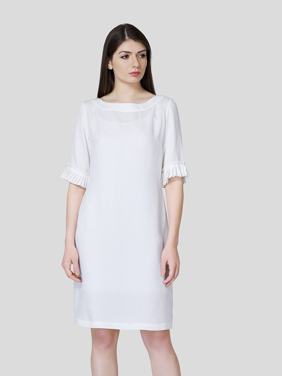 Boat Neck Shift Dress With Pleated Cuff Detail - Zest Mélange  Boat Neck Shift Dress With Pleated Cuff Detail - Zest Mélange