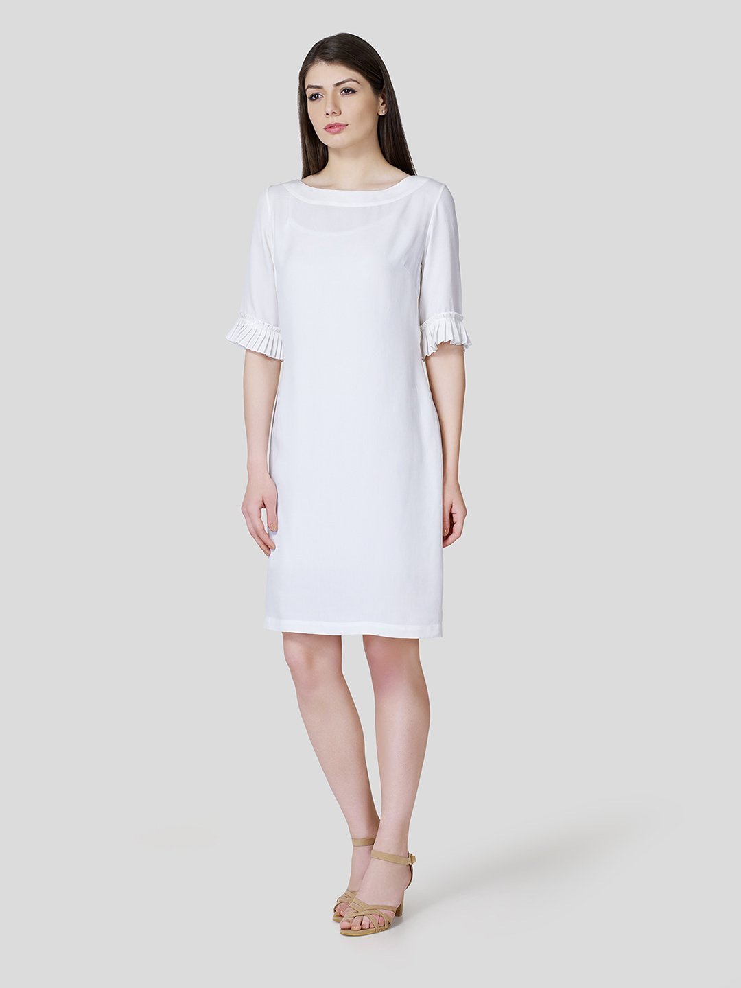 Boat Neck Shift Dress With Pleated Cuff Detail - Zest Mélange  Boat Neck Shift Dress With Pleated Cuff Detail - Zest Mélange