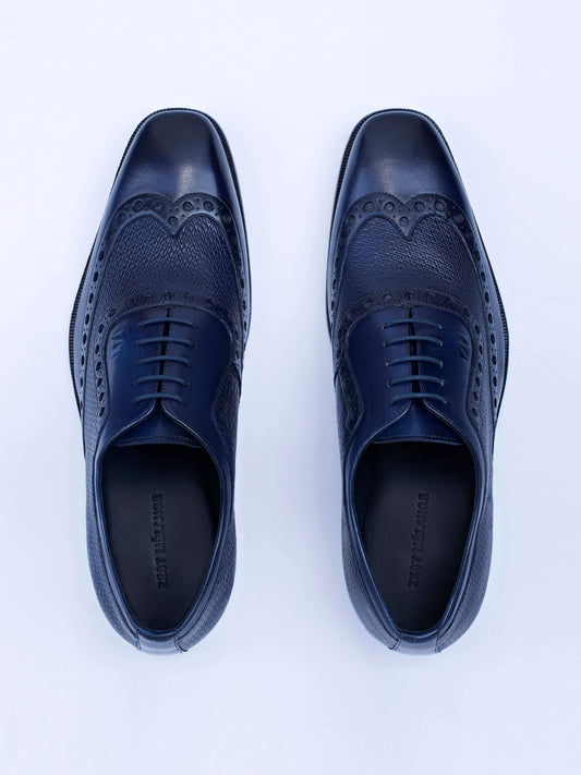 Oxford Lace Up Shoes With Broguing & Zm Embossed Leather Detail - Zest Mélange