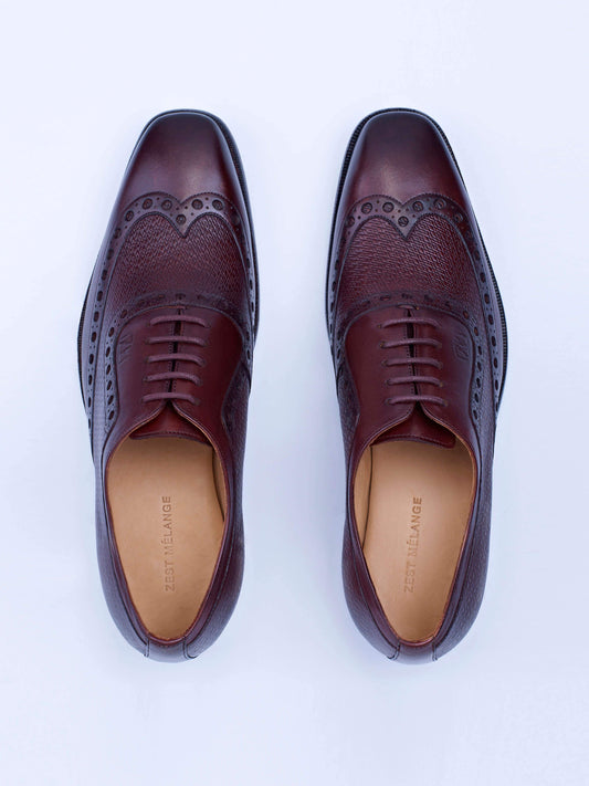 Oxford Lace Up Shoes With Broguing & Zm Embossed Leather Detail - Zest Mélange