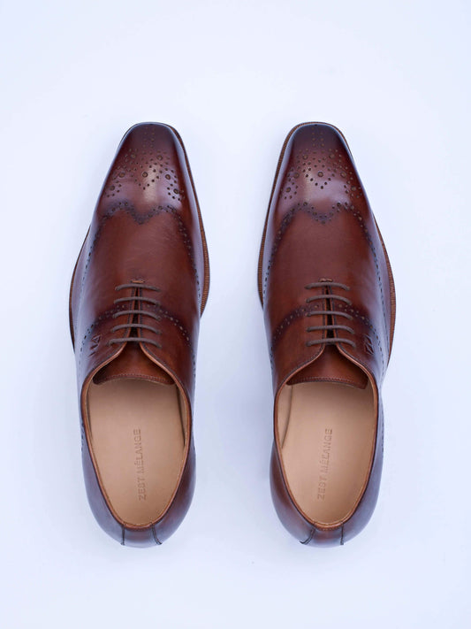 Oxford Lace-Up Shoes With Broguing (Tan) - Zest Mélange