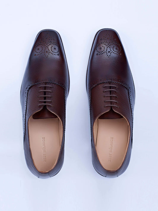 Oxford Lace Up Shoes With Broguing & Zm Embossed Leather Detail - Zest Mélange