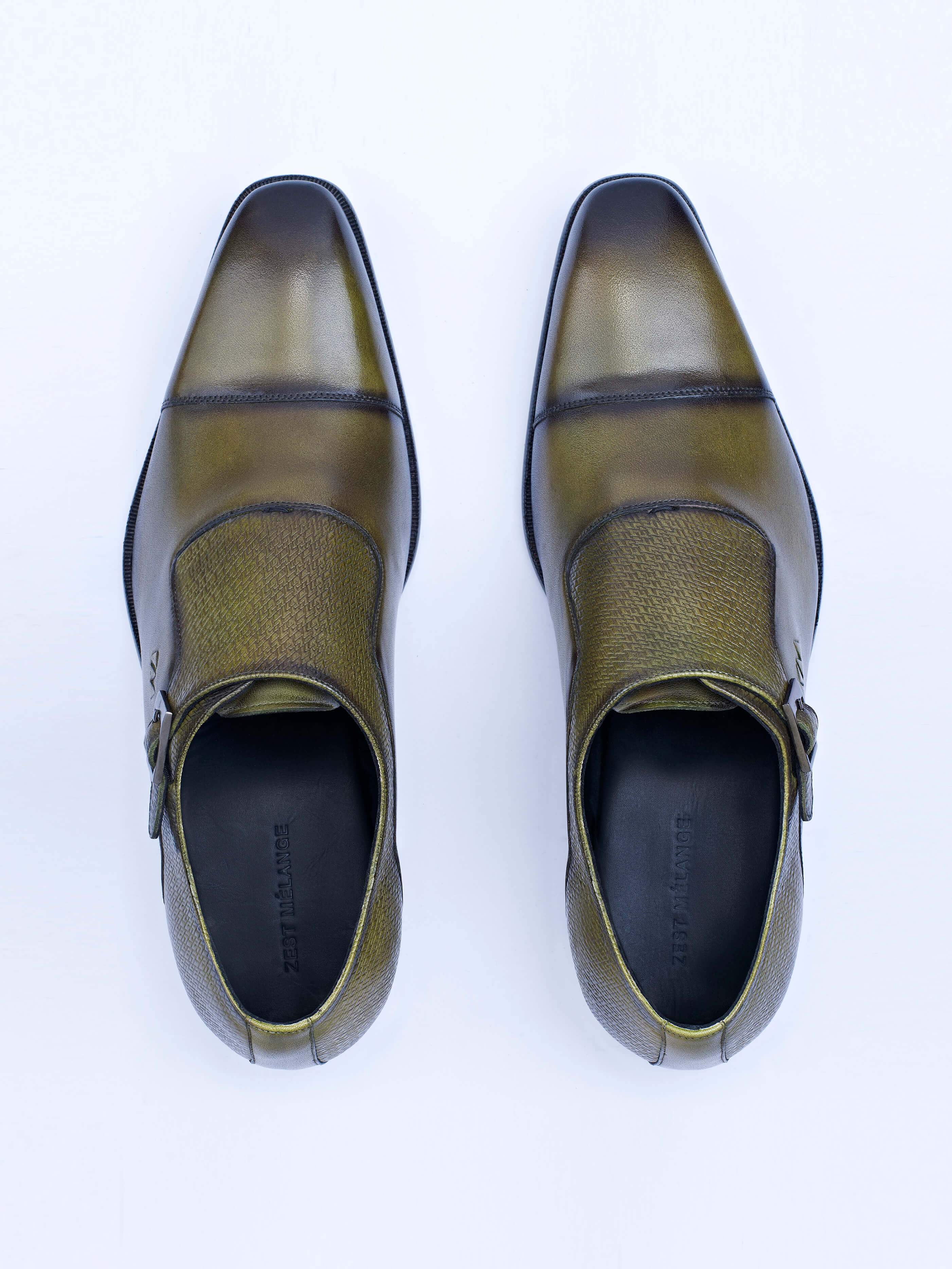 Single Buckle Monk Shoes With Zm Embossed Detail (Olive) - Zest Mélange  Single Buckle Monk Shoes With Zm Embossed Detail (Olive) - Zest Mélange
