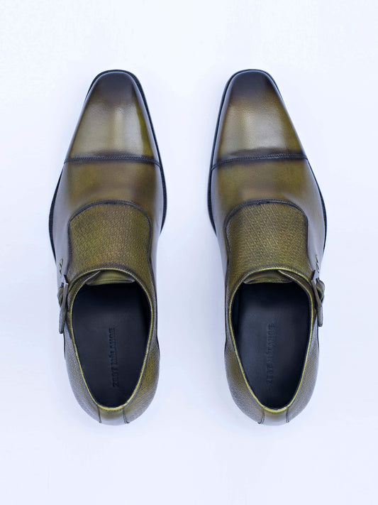 Single Buckle Monk Shoes With Zm Embossed Detail (Olive) - Zest Mélange
