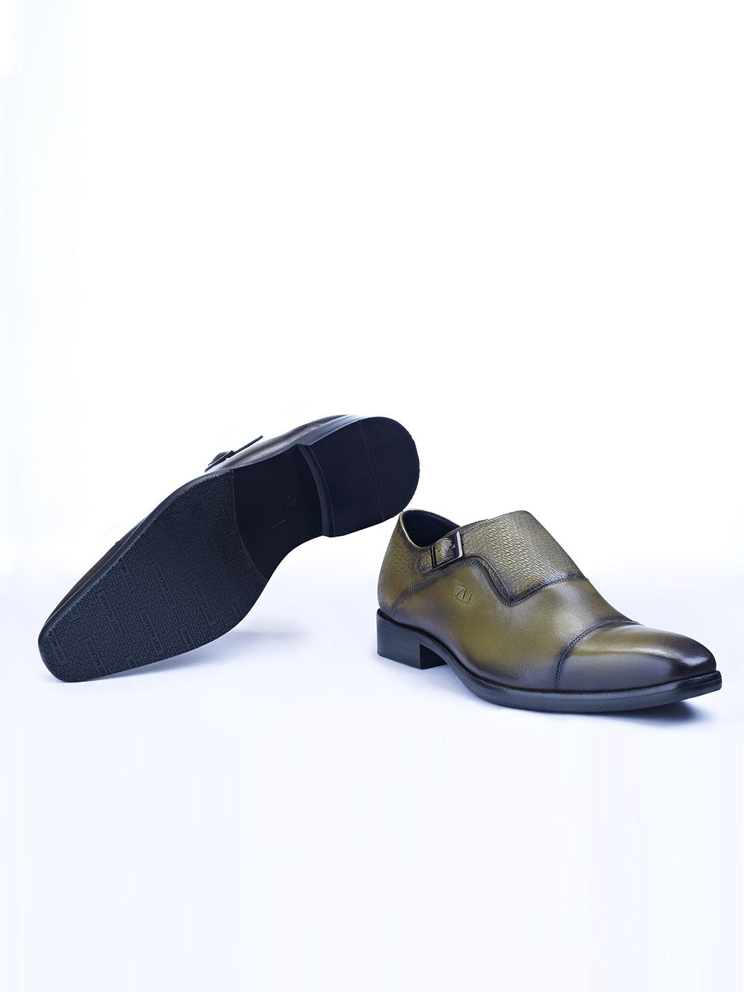 Single Buckle Monk Shoes With Zm Embossed Detail (Olive) - Zest Mélange  Single Buckle Monk Shoes With Zm Embossed Detail (Olive) - Zest Mélange