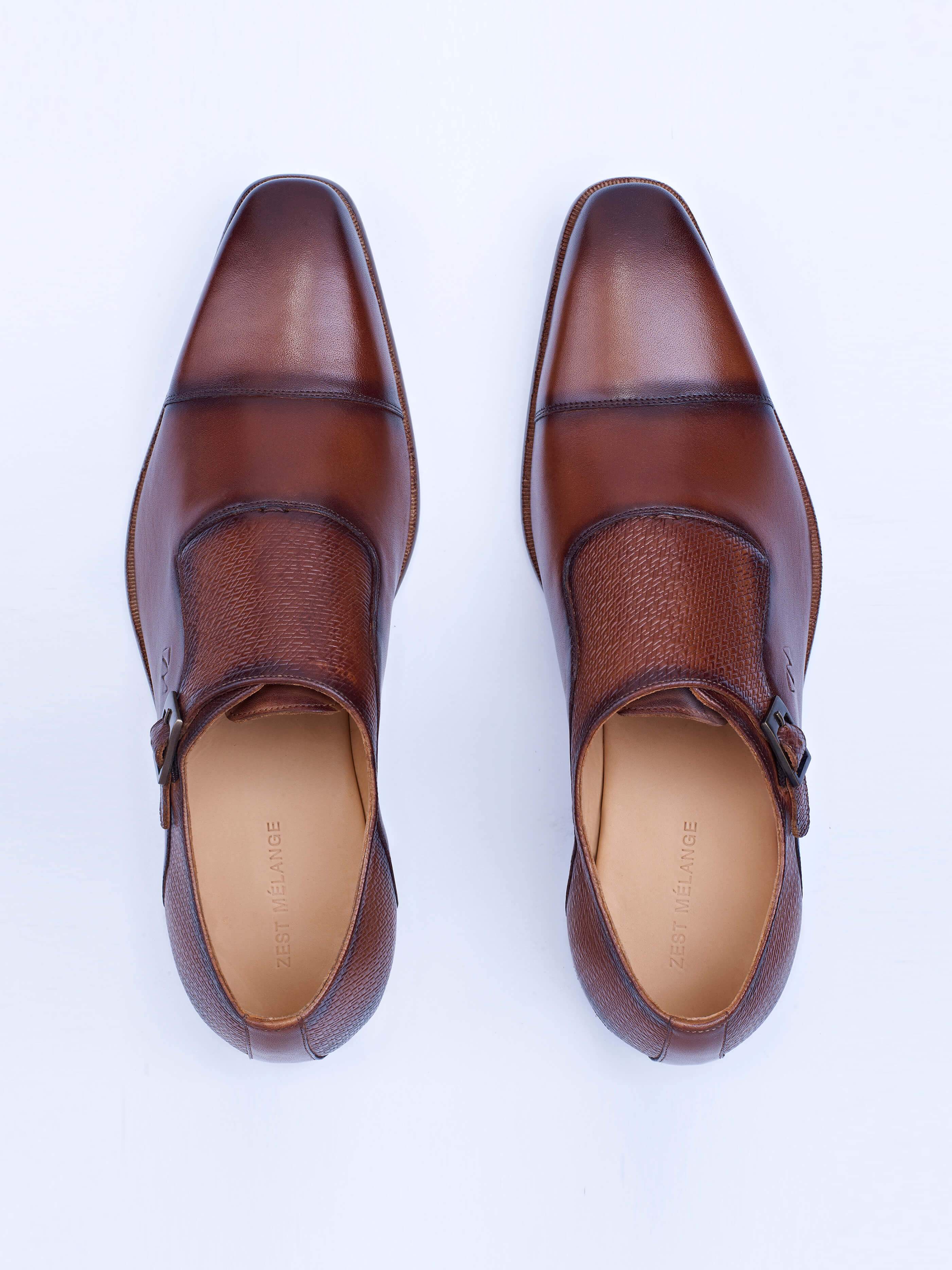 Single Buckle Monk Shoes With Zm Embossed Detail - Zest Mélange  Single Buckle Monk Shoes With Zm Embossed Detail - Zest Mélange