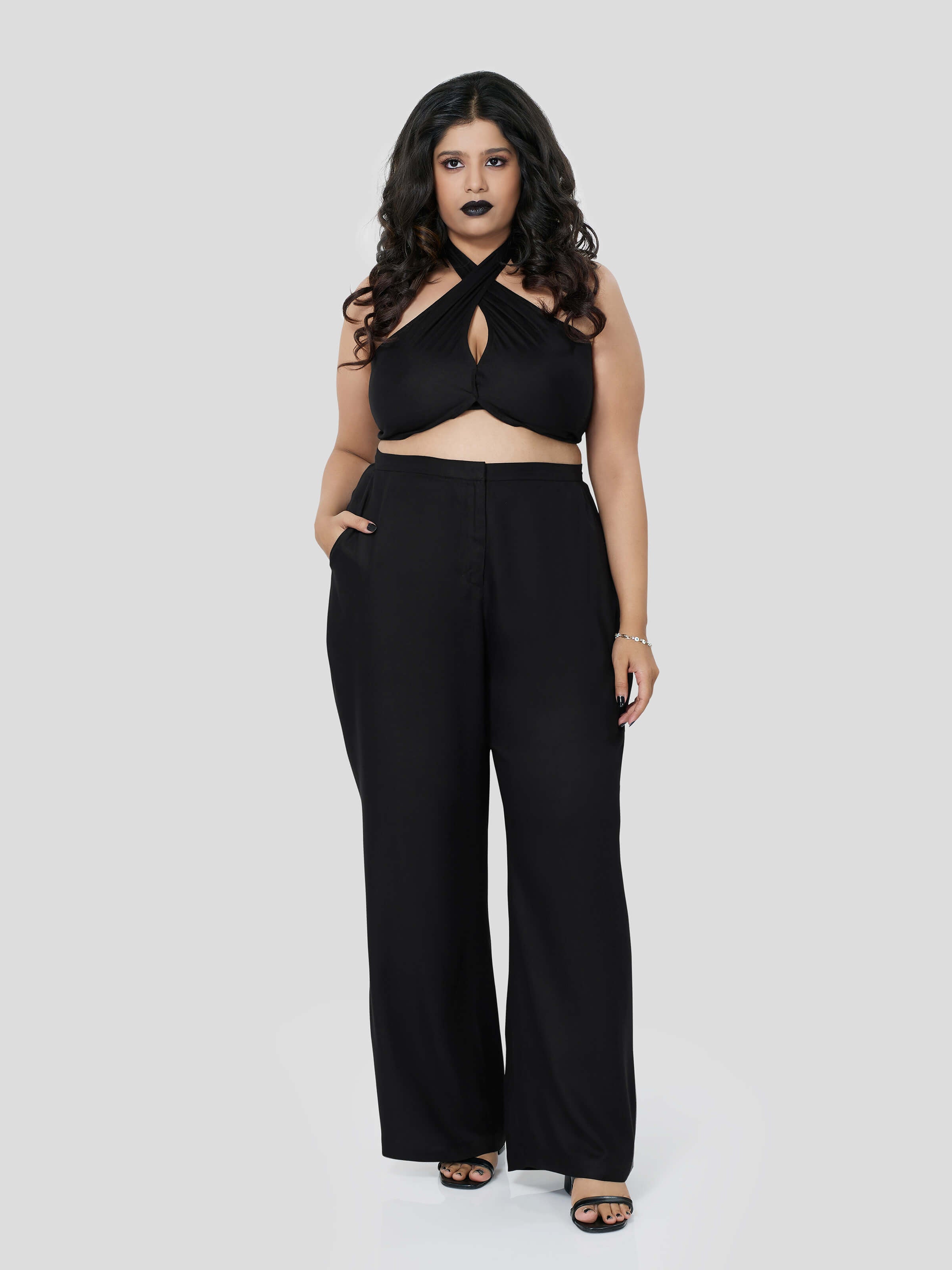 Black Halter Neck Top  with Straight Pants - Zest Mélange  Black Halter Neck Top  with Straight Pants - Zest Mélange