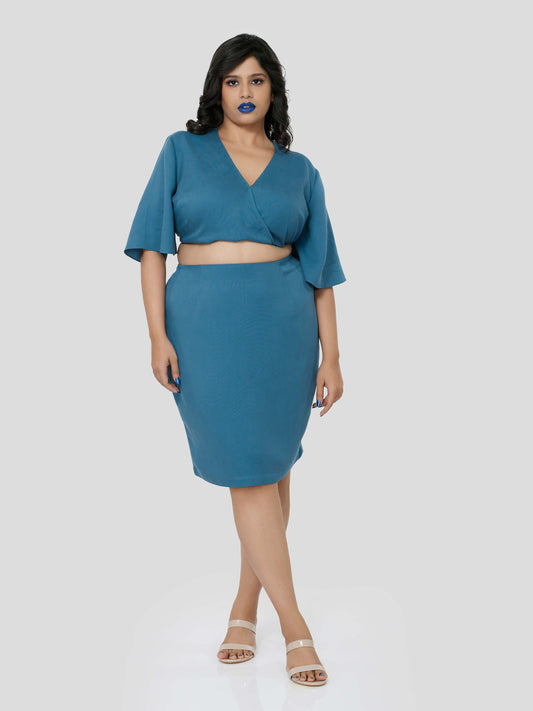 Blue Crop Top With Knee Length Pencil Skirt - Zest Mélange