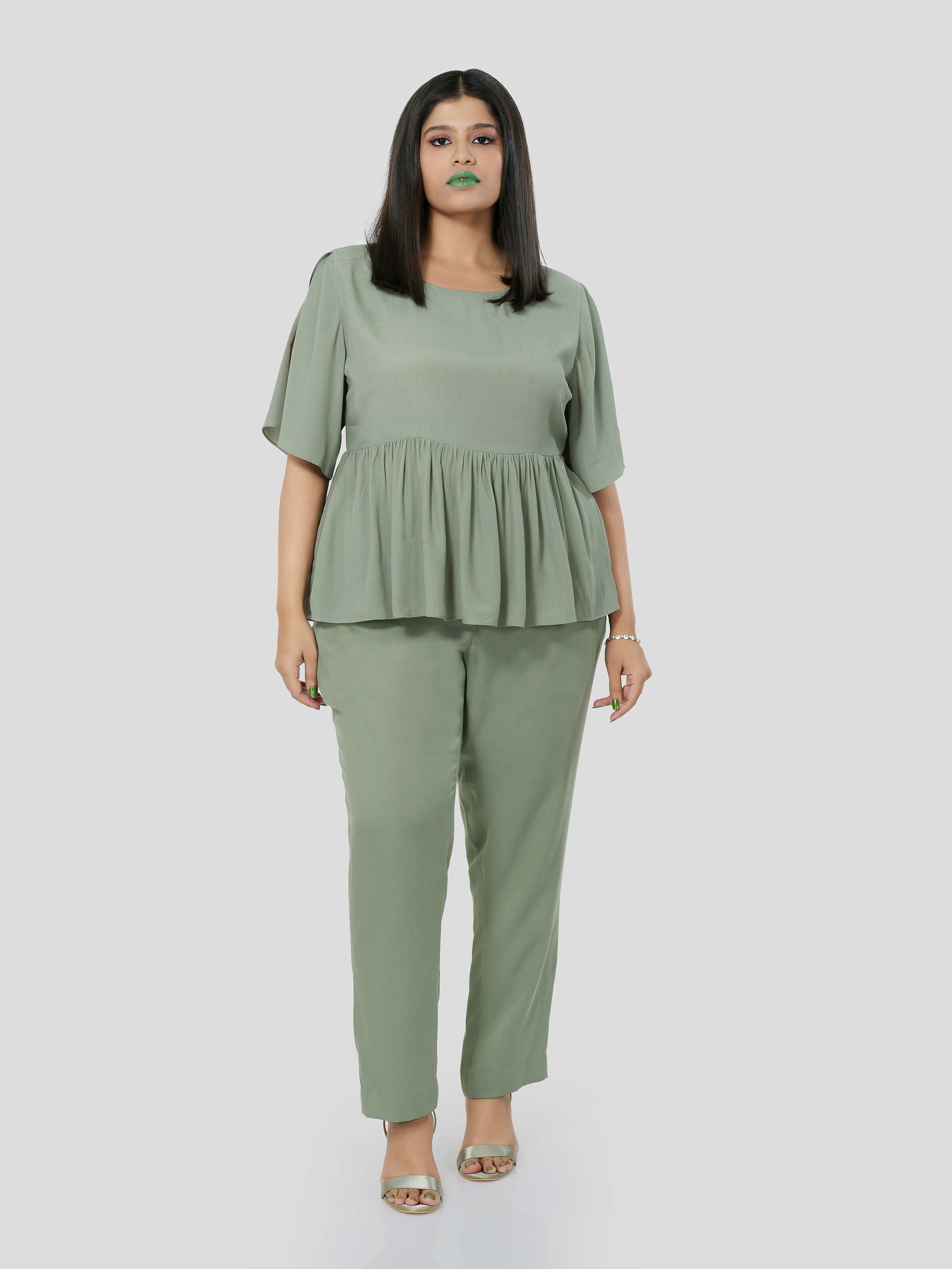 Green Flared Top with Narrow Pants - Zest Mélange  Green Flared Top with Narrow Pants - Zest Mélange