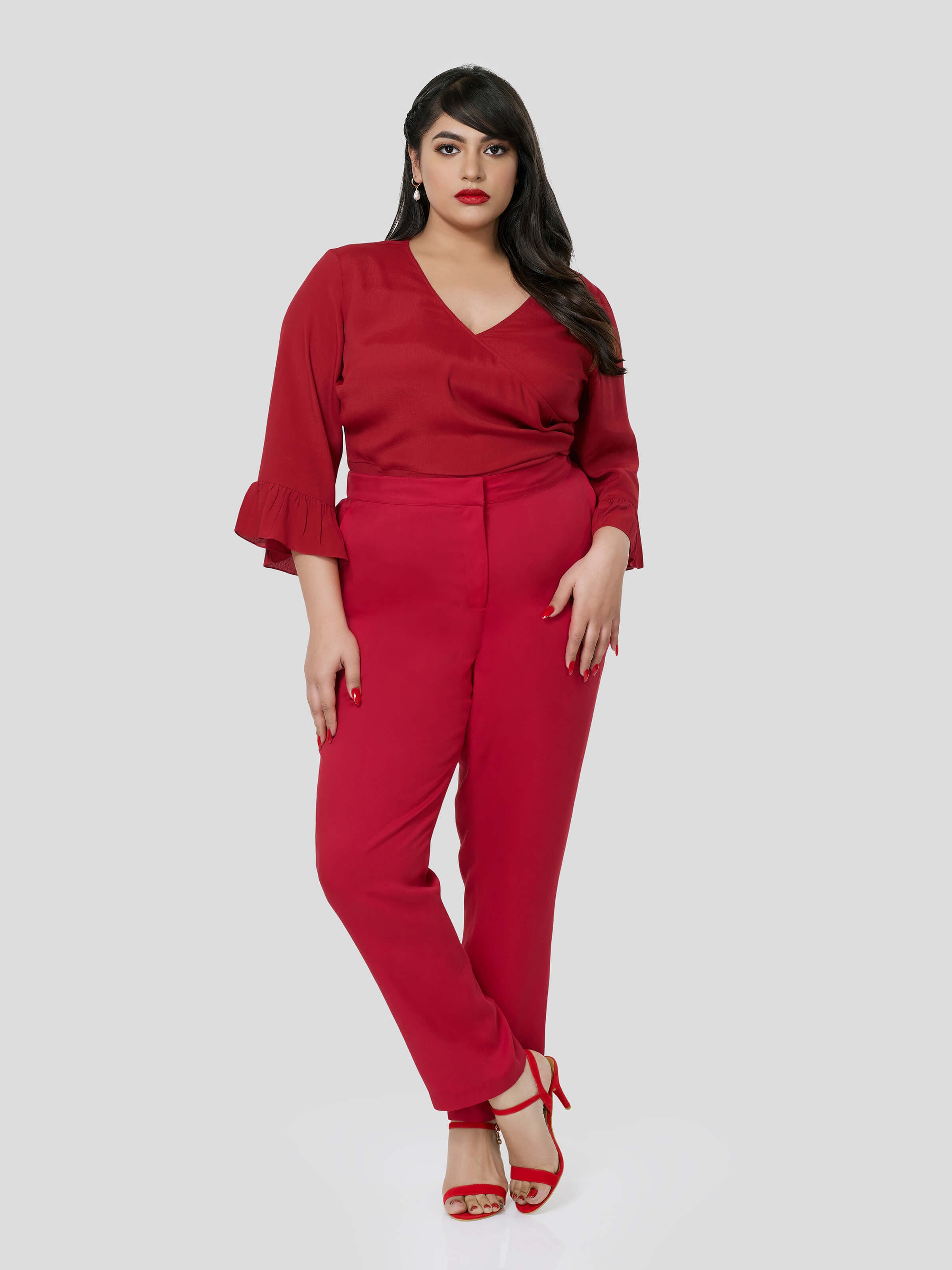 Red Wrap Around Top With Narrow Pants - Zest Mélange  Red Wrap Around Top With Narrow Pants - Zest Mélange
