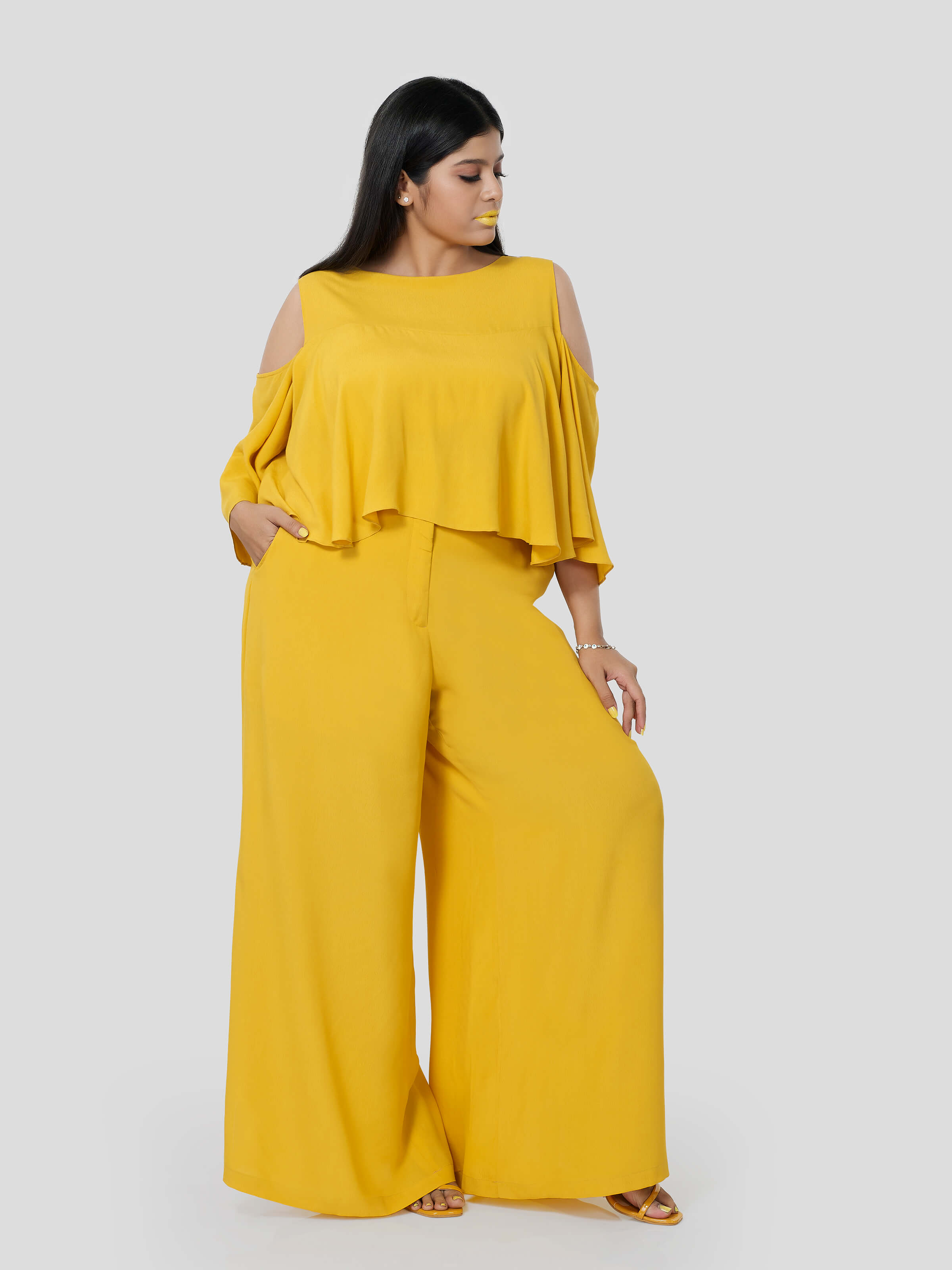 Statuesque Off Shoulder Flared Top with Flared Pants - Zest Mélange  Statuesque Off Shoulder Flared Top with Flared Pants - Zest Mélange