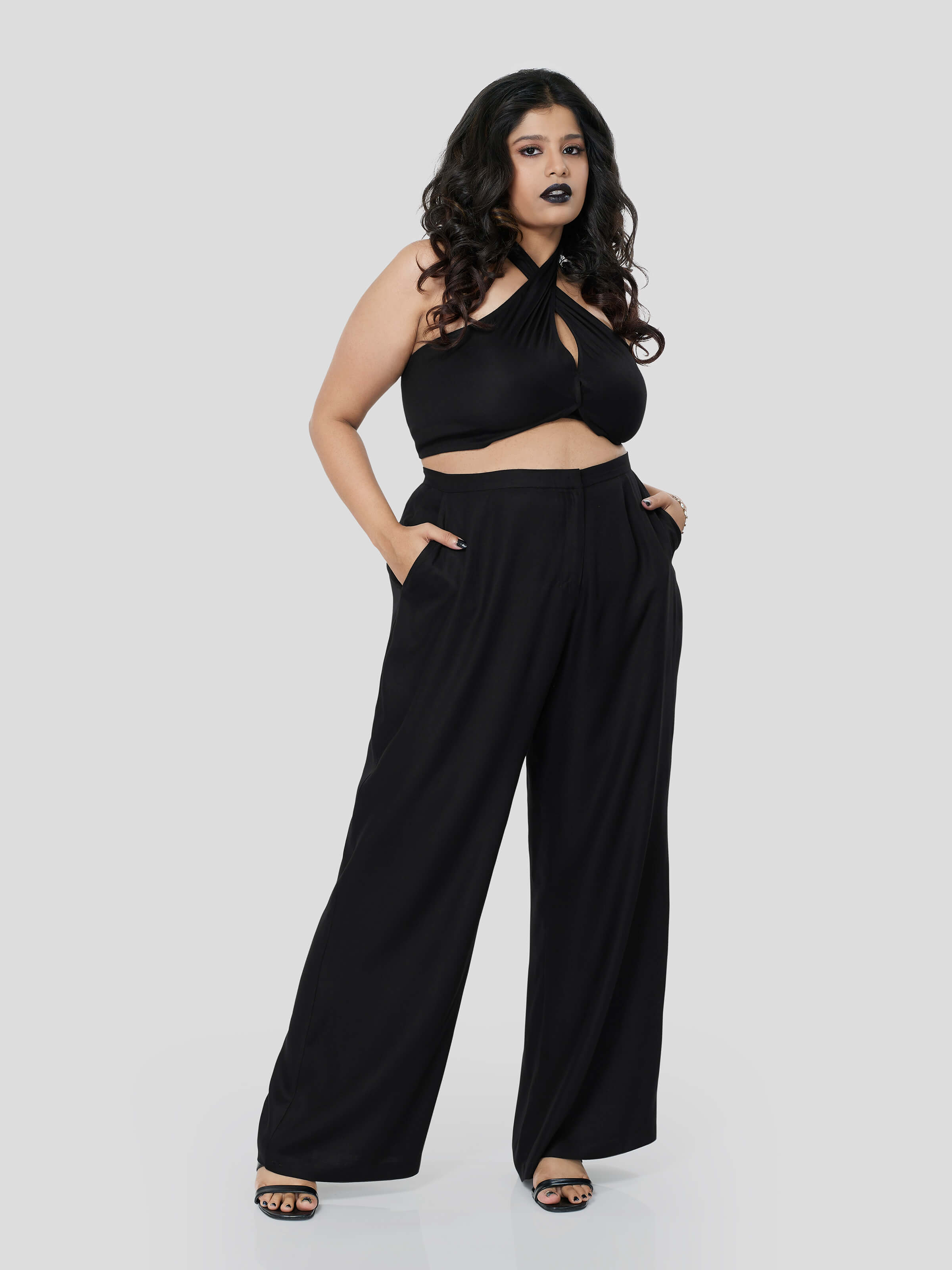Black Halter Neck Top  with Straight Pants - Zest Mélange  Black Halter Neck Top  with Straight Pants - Zest Mélange