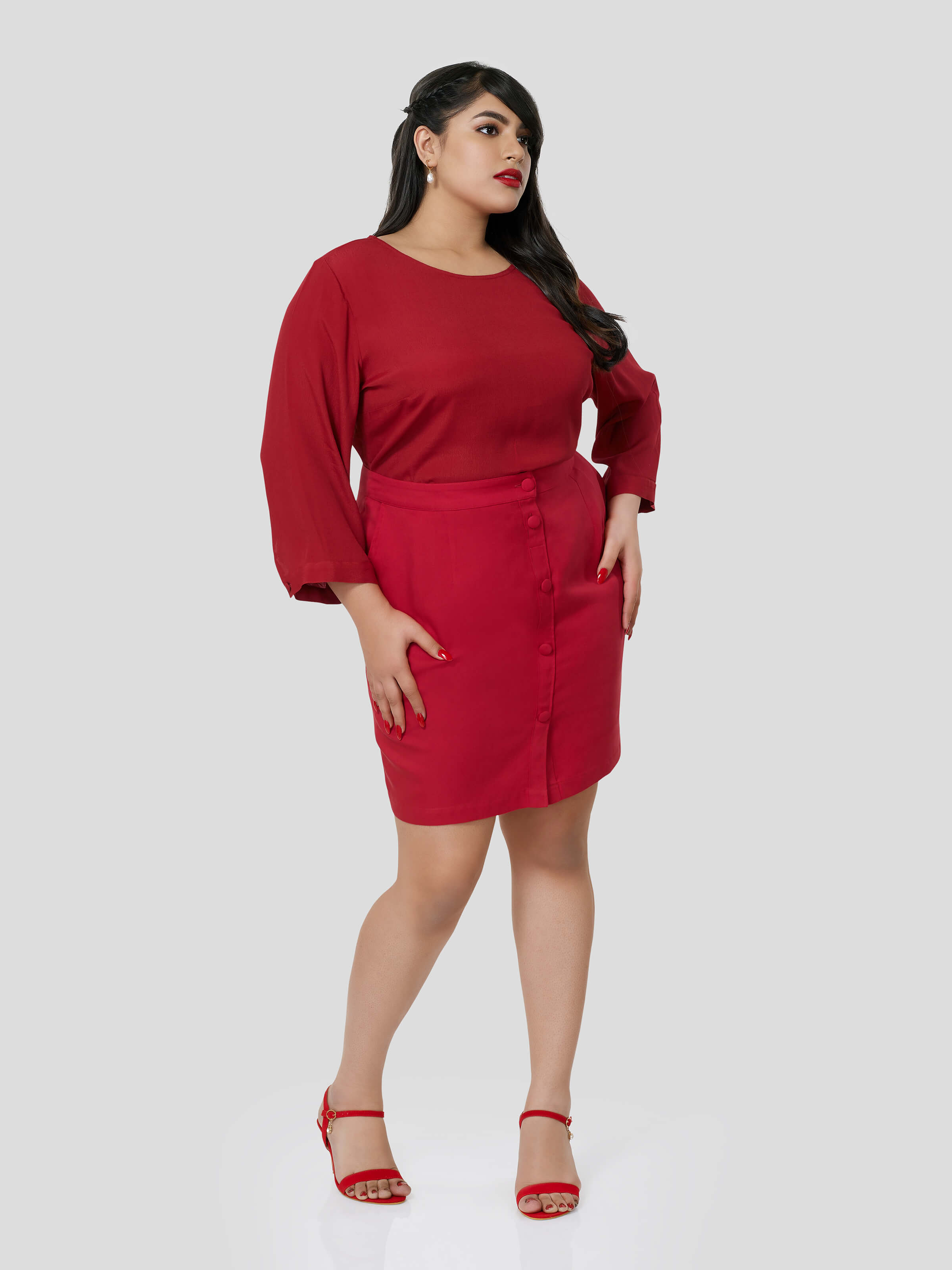 Red Top with Fitted Skirt - Zest Mélange  Red Top with Fitted Skirt - Zest Mélange