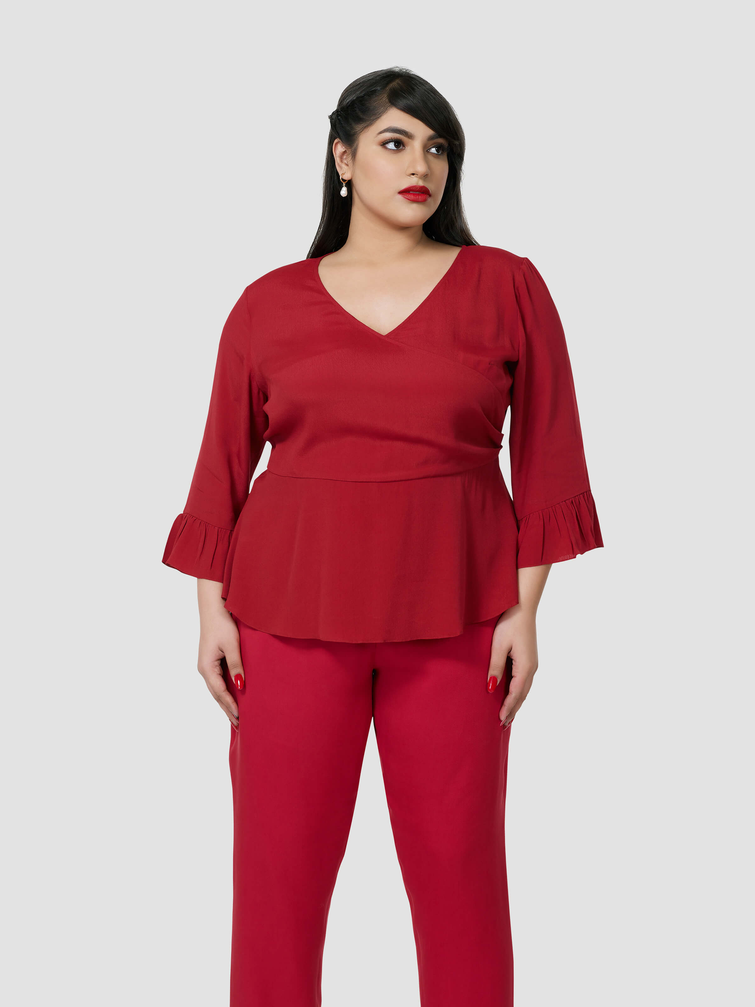 Red Wrap Around Top With Narrow Pants - Zest Mélange  Red Wrap Around Top With Narrow Pants - Zest Mélange