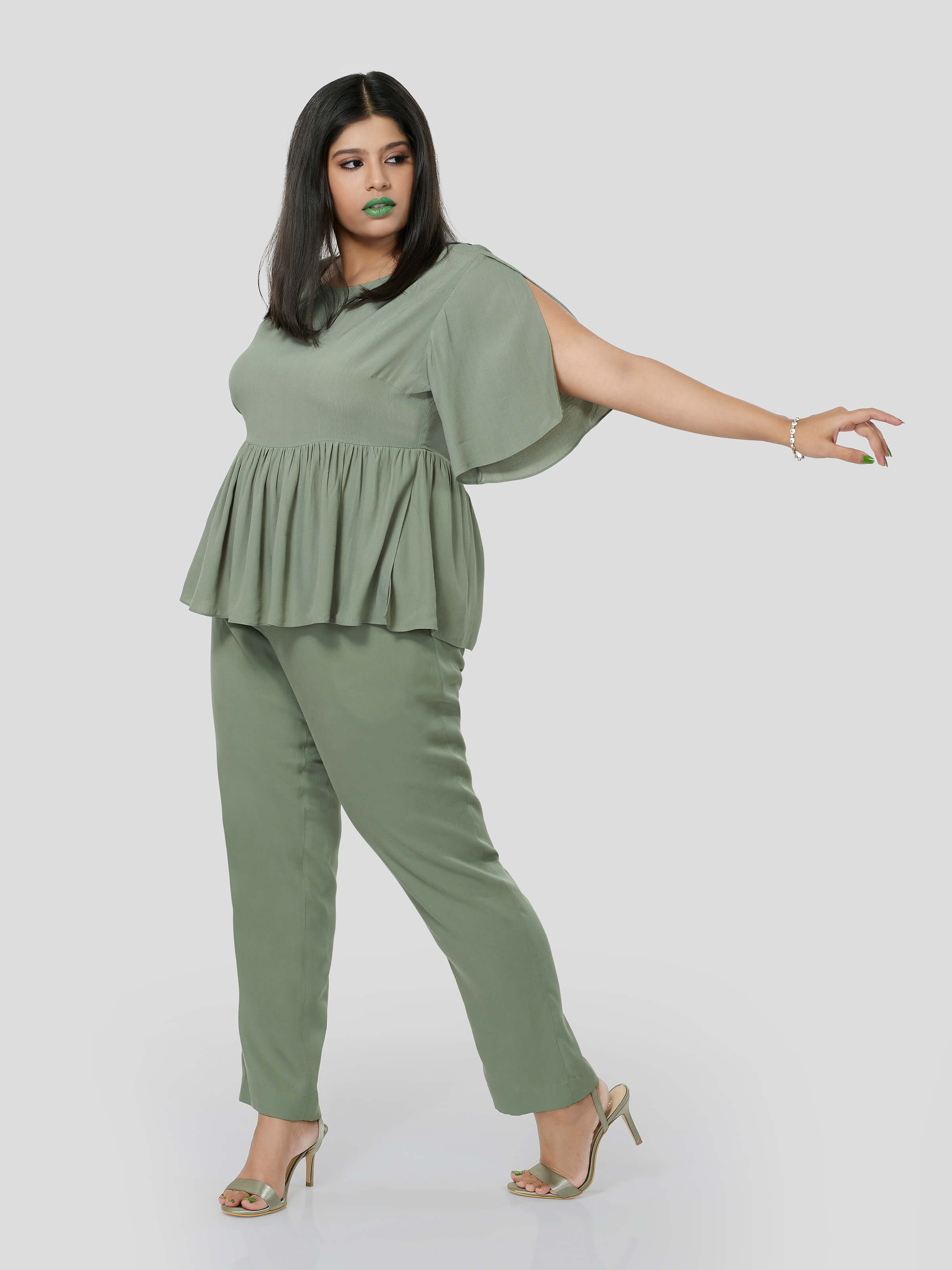 Green Flared Top with Narrow Pants - Zest Mélange  Green Flared Top with Narrow Pants - Zest Mélange