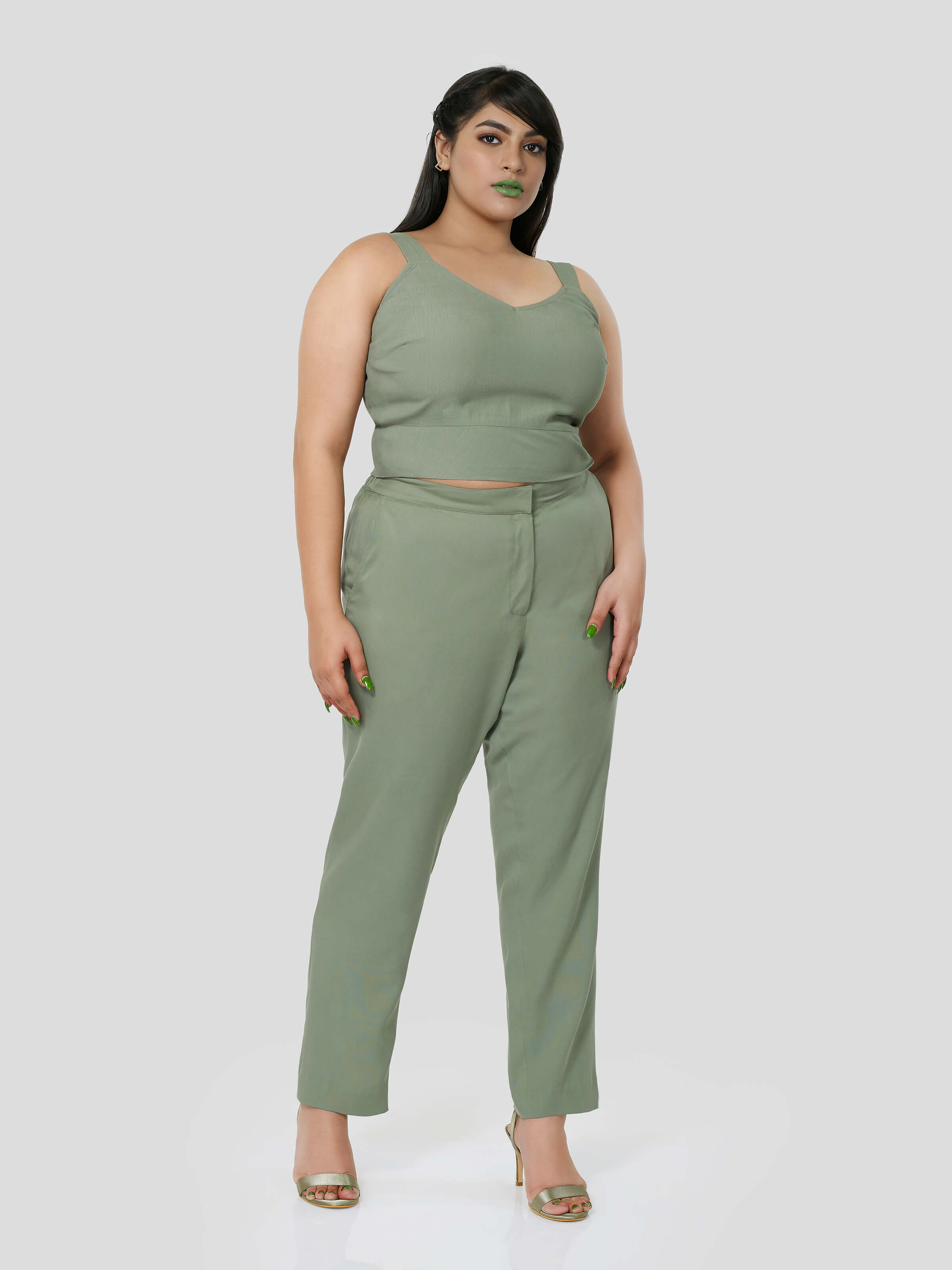 Green Crop Top with Narrow Pants - Zest Mélange  Green Crop Top with Narrow Pants - Zest Mélange