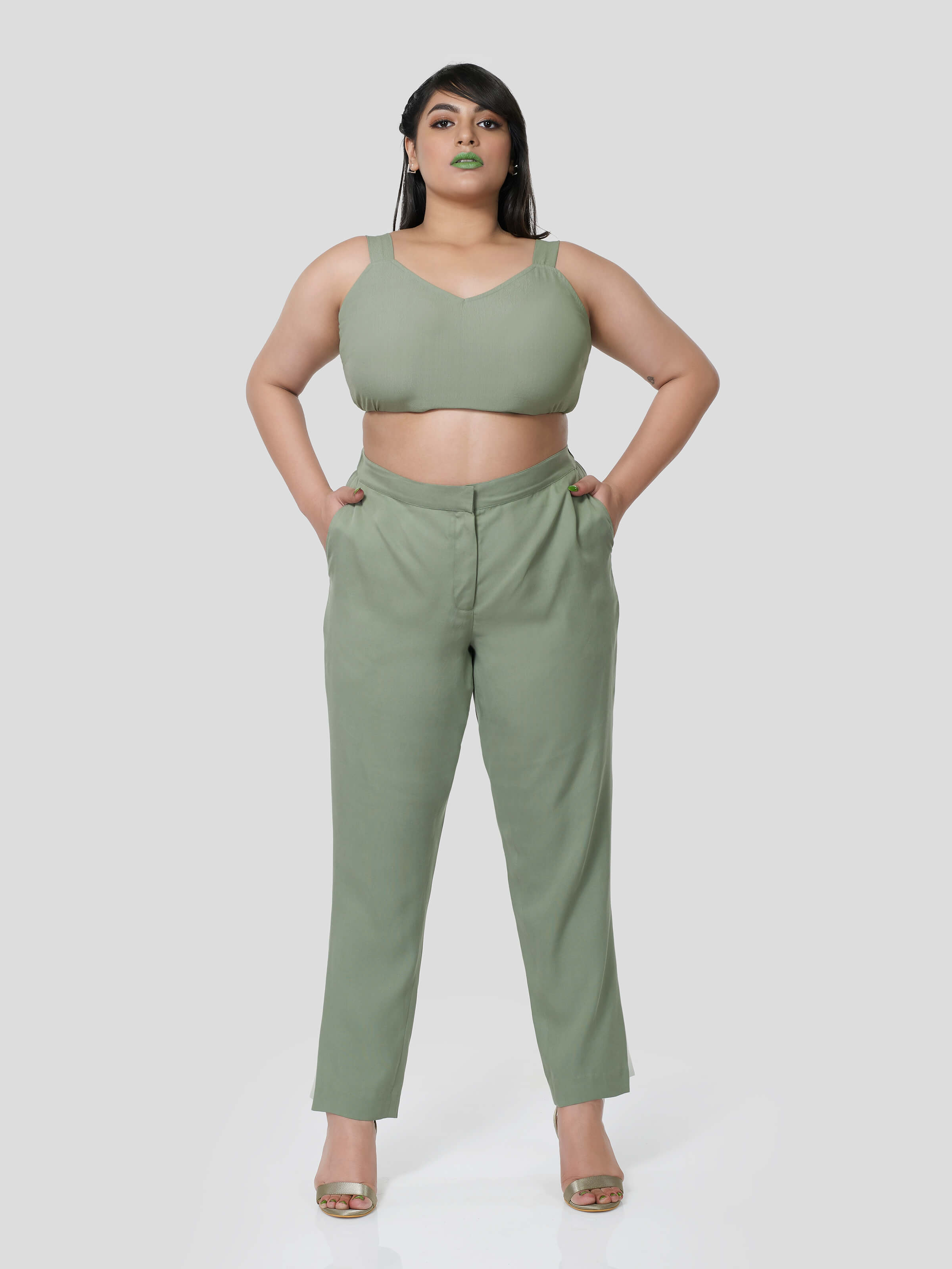 Green Crop Top with Narrow Pants - Zest Mélange  Green Crop Top with Narrow Pants - Zest Mélange