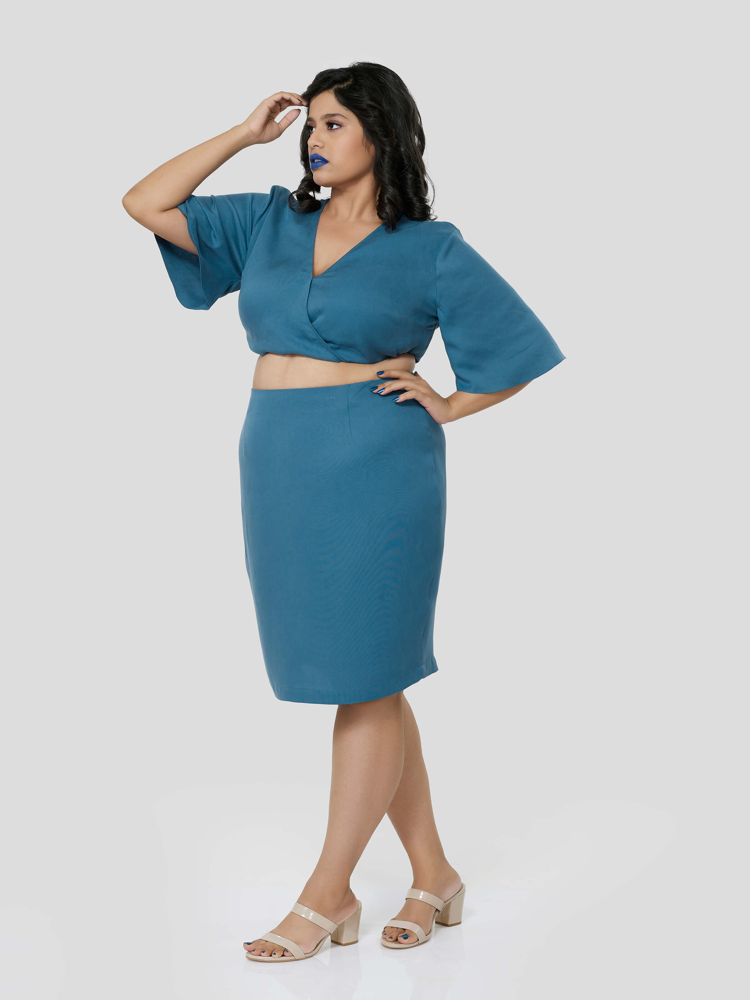 Blue Crop Top With Knee Length Pencil Skirt - Zest Mélange  Blue Crop Top With Knee Length Pencil Skirt - Zest Mélange