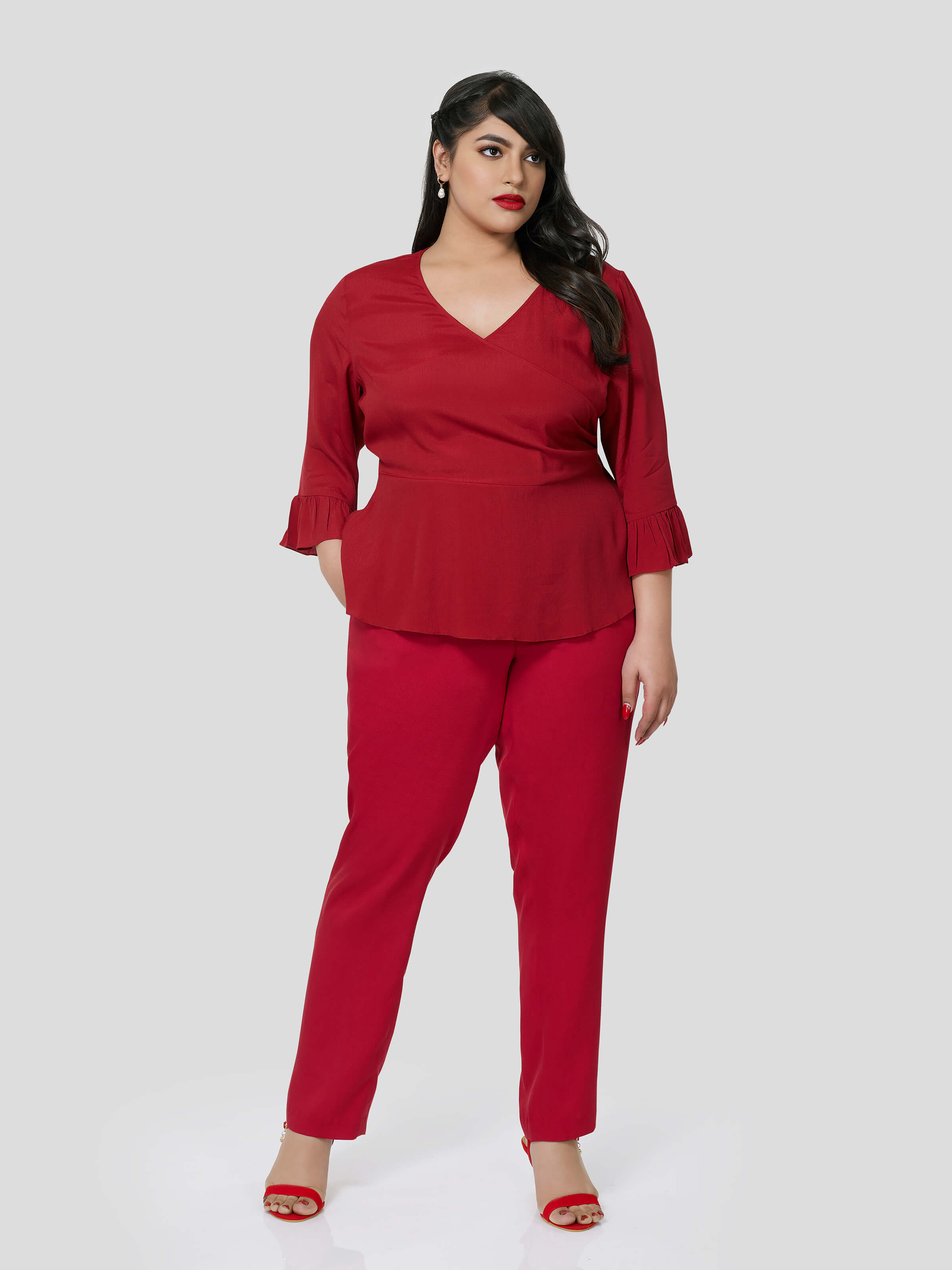 Red Wrap Around Top With Narrow Pants - Zest Mélange  Red Wrap Around Top With Narrow Pants - Zest Mélange