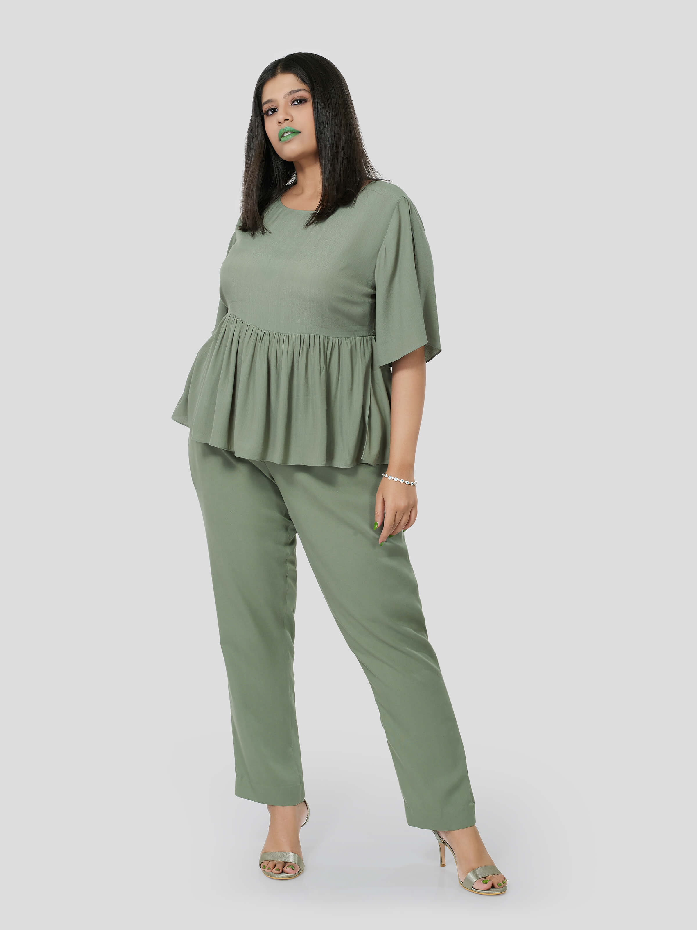 Green Flared Top with Narrow Pants - Zest Mélange  Green Flared Top with Narrow Pants - Zest Mélange