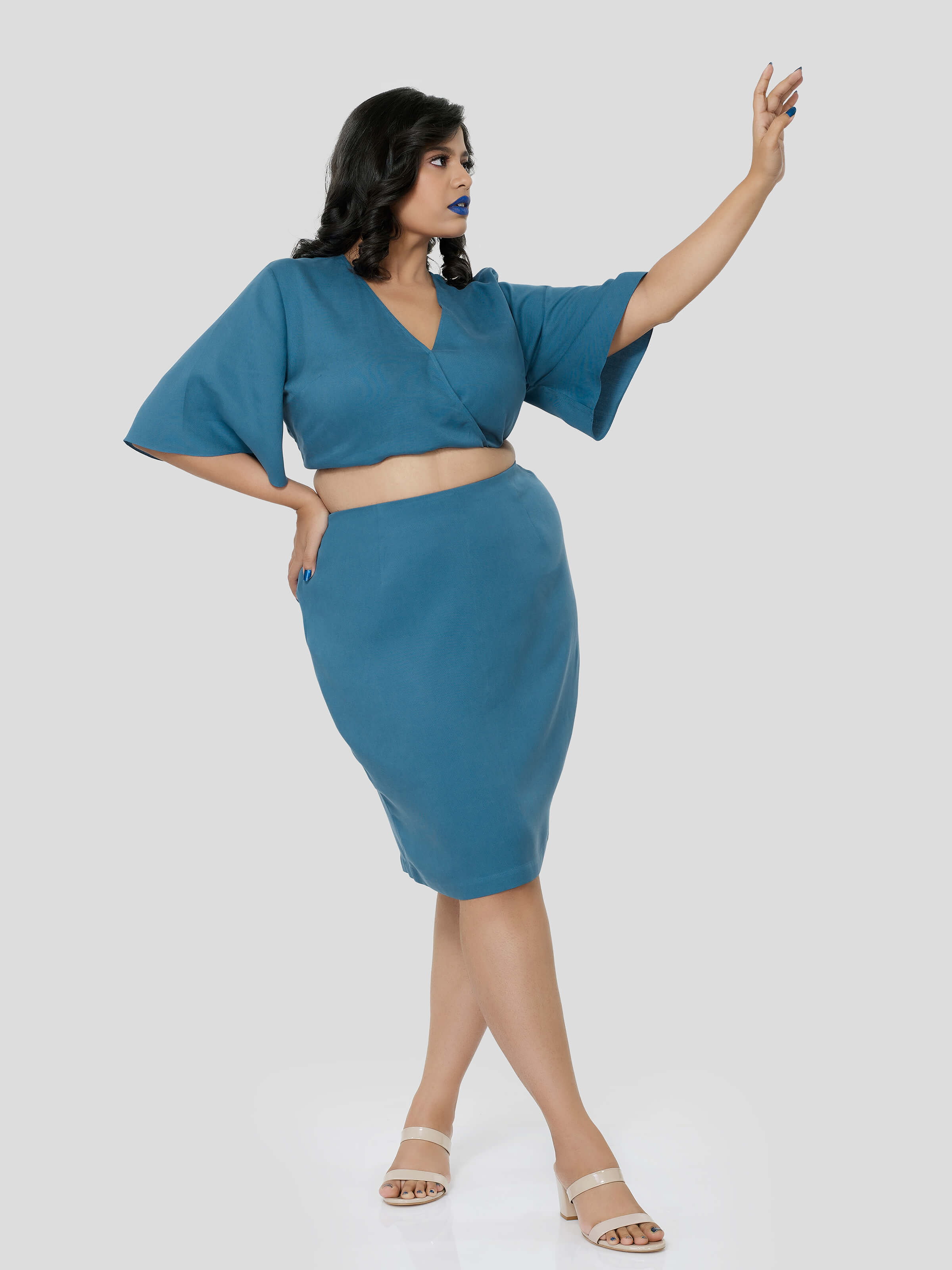 Blue Crop Top With Knee Length Pencil Skirt - Zest Mélange  Blue Crop Top With Knee Length Pencil Skirt - Zest Mélange
