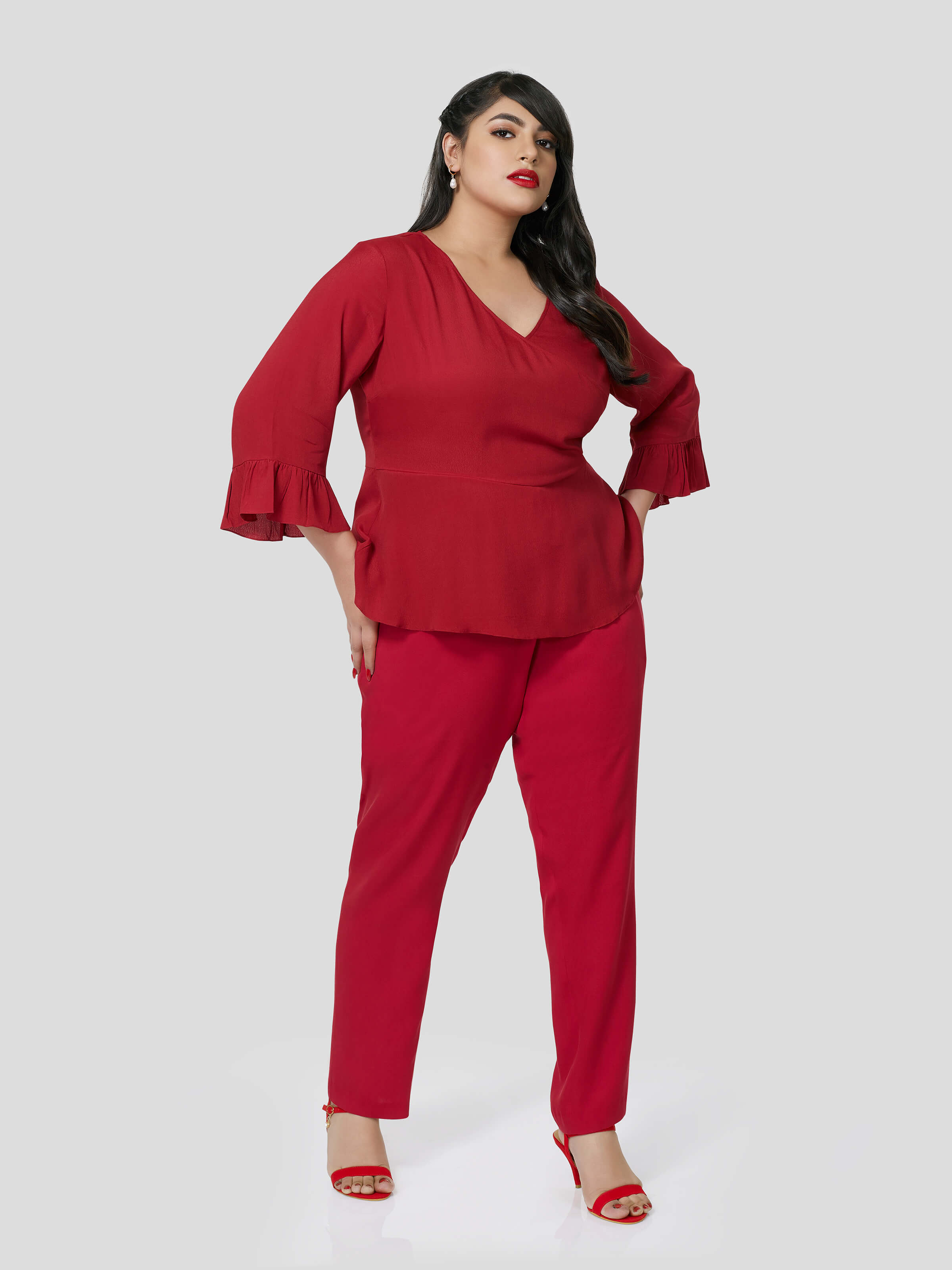Red Wrap Around Top With Narrow Pants - Zest Mélange  Red Wrap Around Top With Narrow Pants - Zest Mélange
