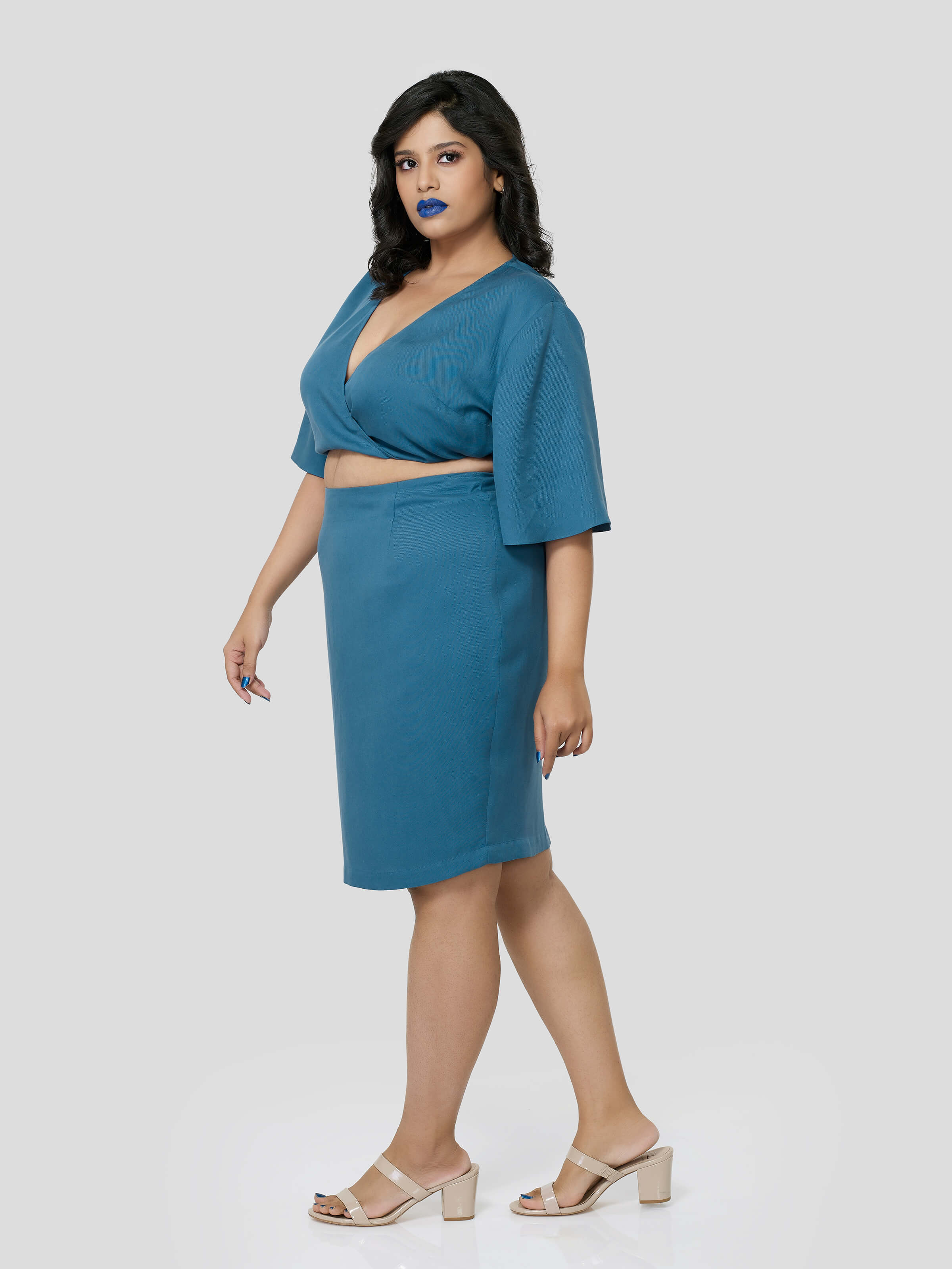 Blue Crop Top With Knee Length Pencil Skirt - Zest Mélange  Blue Crop Top With Knee Length Pencil Skirt - Zest Mélange
