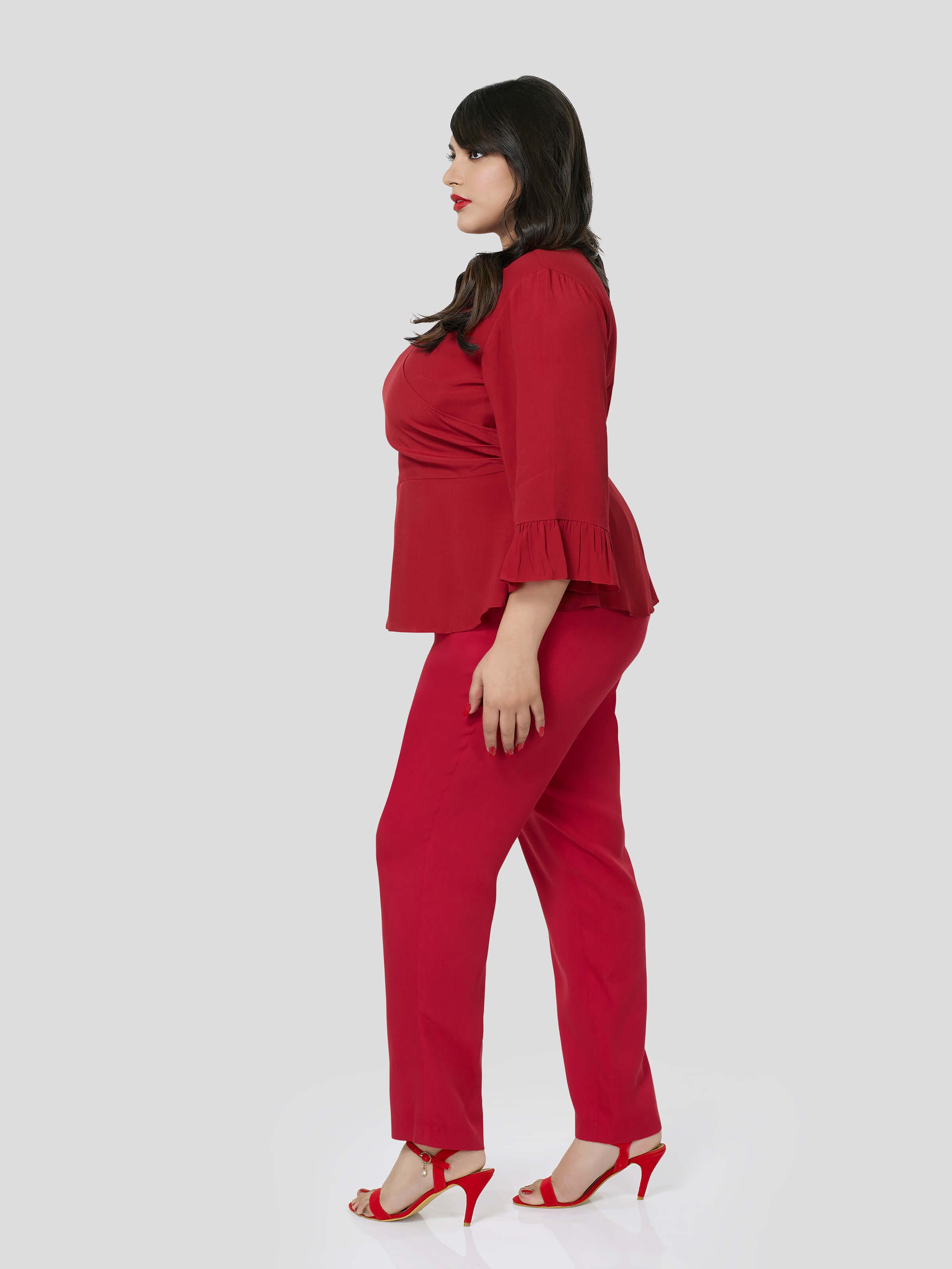 Red Wrap Around Top With Narrow Pants - Zest Mélange  Red Wrap Around Top With Narrow Pants - Zest Mélange