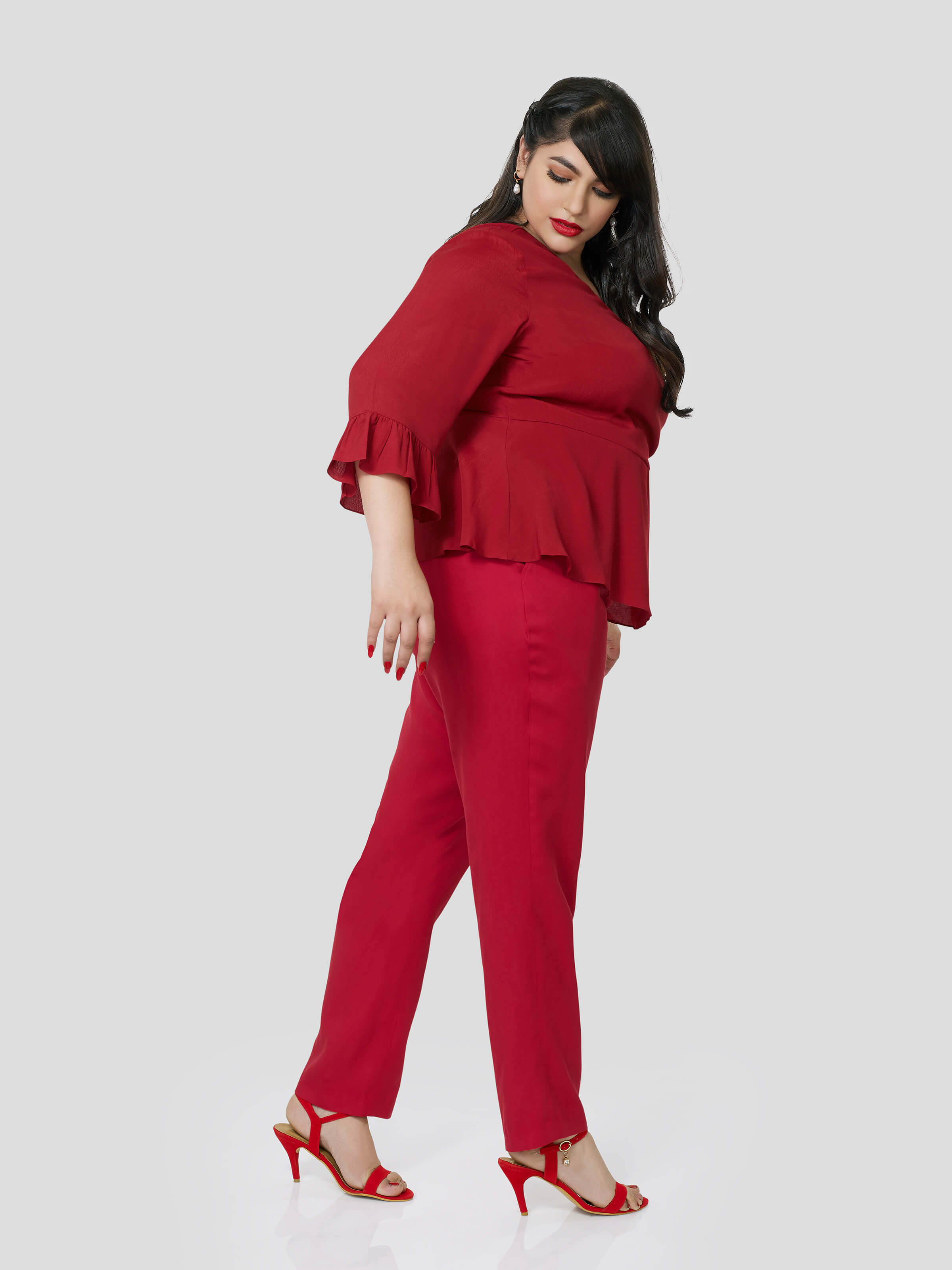 Red Wrap Around Top With Narrow Pants - Zest Mélange  Red Wrap Around Top With Narrow Pants - Zest Mélange