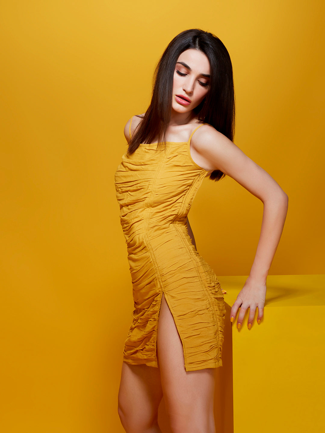 Rouched & Gathered Ripple Dress - Zest Mélange  Rouched & Gathered Ripple Dress - Zest Mélange