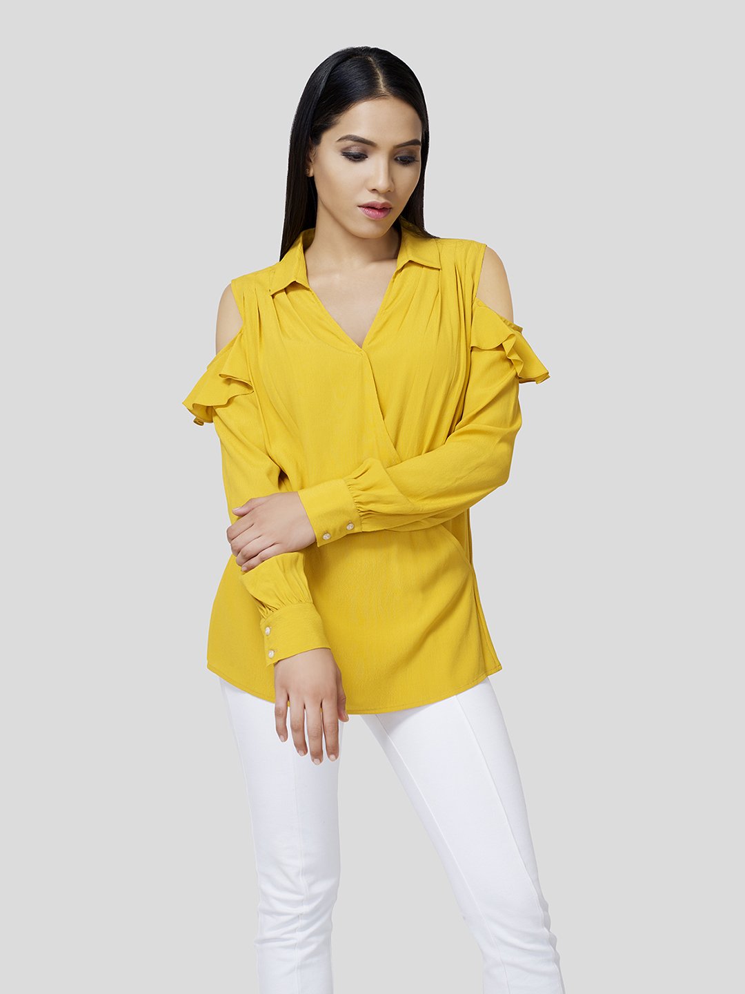 Draped Warp-Around Front Shirt With Cold Shoulder (Yellow) - Zest Mélange 