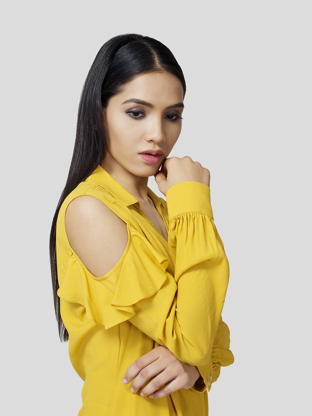 Draped Warp-Around Front Shirt With Cold Shoulder (Yellow) - Zest Mélange 