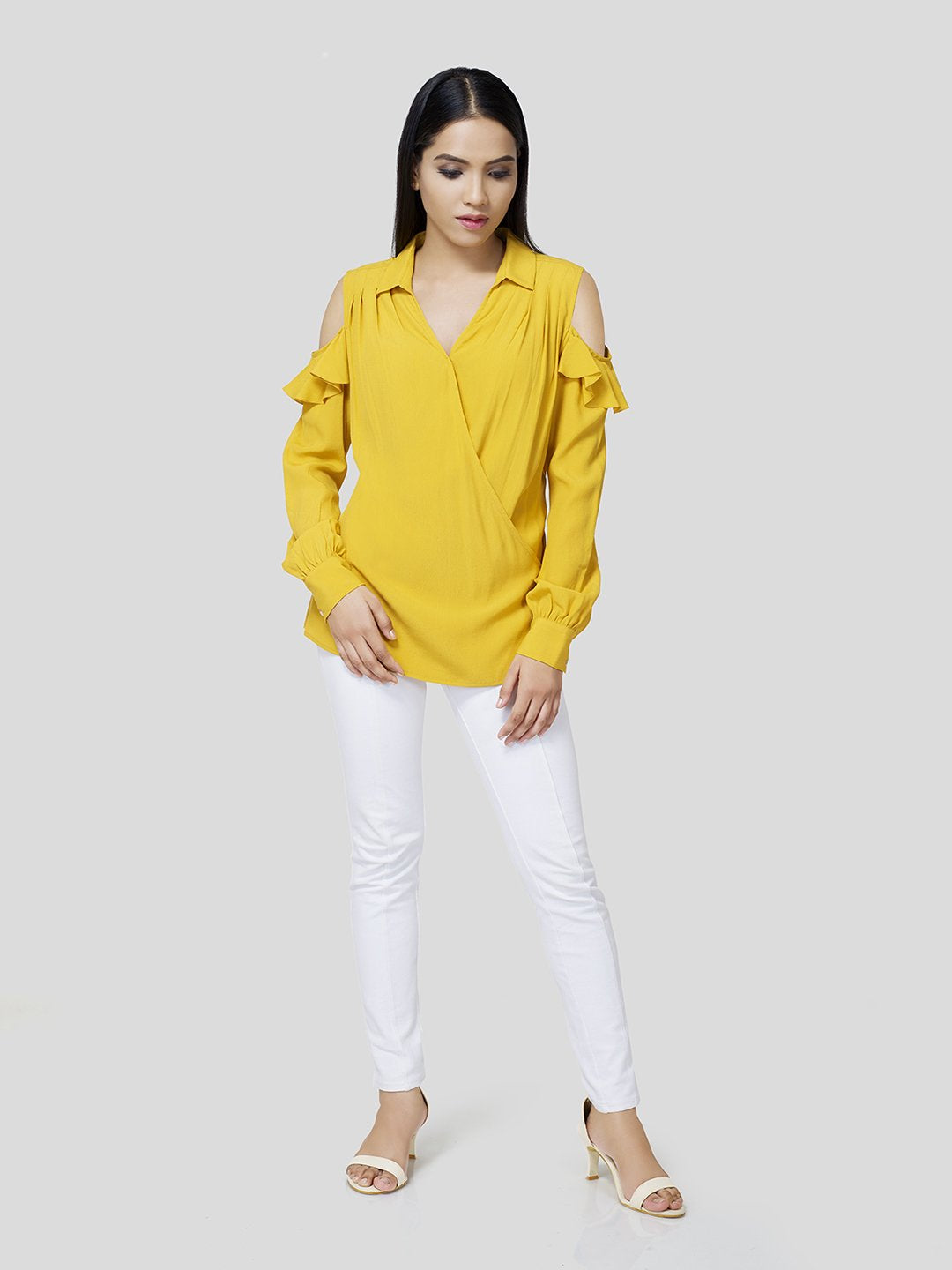 Draped Warp-Around Front Shirt With Cold Shoulder (Yellow) - Zest Mélange 