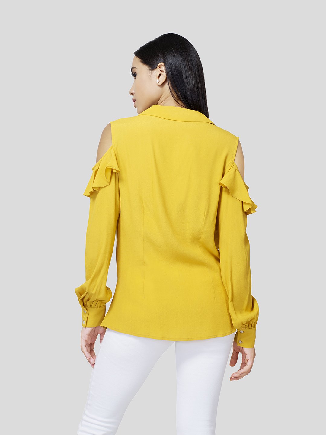 Draped Warp-Around Front Shirt With Cold Shoulder (Yellow) - Zest Mélange 