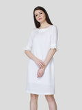 Boat Neck Shift Dress With Pleated Cuff Detail