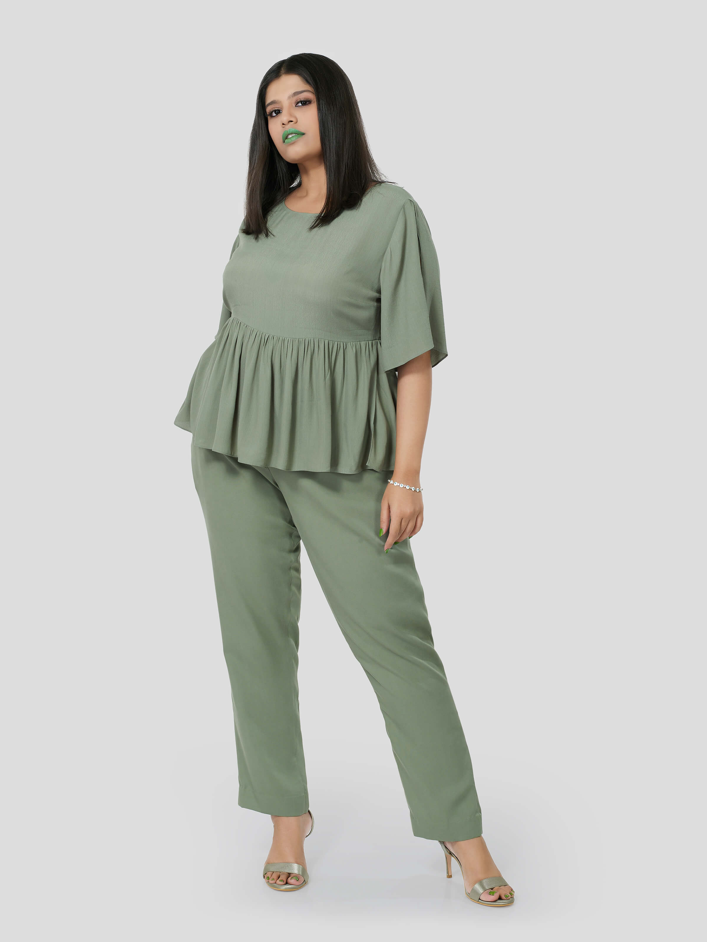 Green Flared Top with Narrow Pants - Zest Mélange 